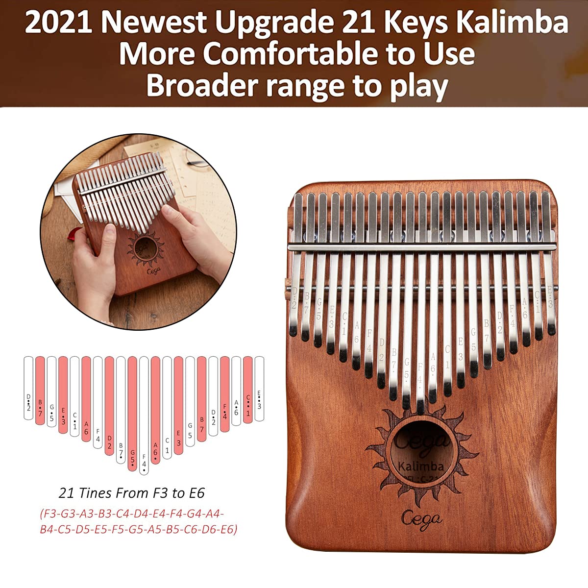 Kalimba Piano de Pulgar Marimba 21 teclas con instrucciones de estudio y martillo de afinación, piano de dedo de madera africano portátil para niños y adultos principiantes con Martillo de Afinación
