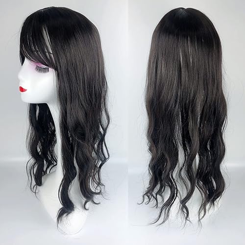 Miniatura 3 de Largo 21.7 in Naturaleza suelta ondulado pelo Topper una pieza clip en la parte media con flequillo romo Snythetic, peluca negro apagado