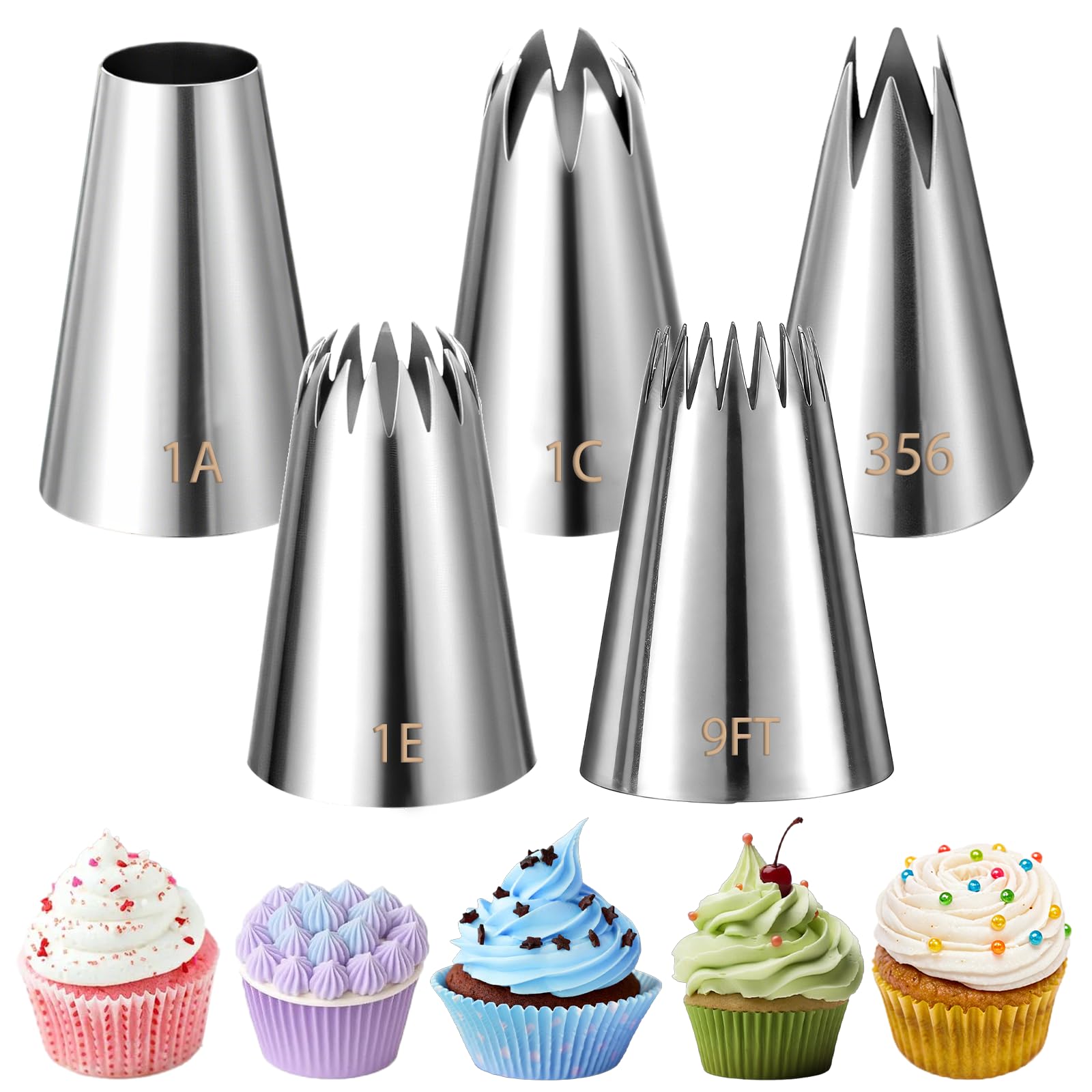 5-teiliges großes Spritztüllen-Set aus Edelstahl, runde Spritztüllen, professionelles Keksdekorationsspitzen-Set für Cupcakes, Kuchendekoration (1A, 1E, 1C, 2,7 m, 356)