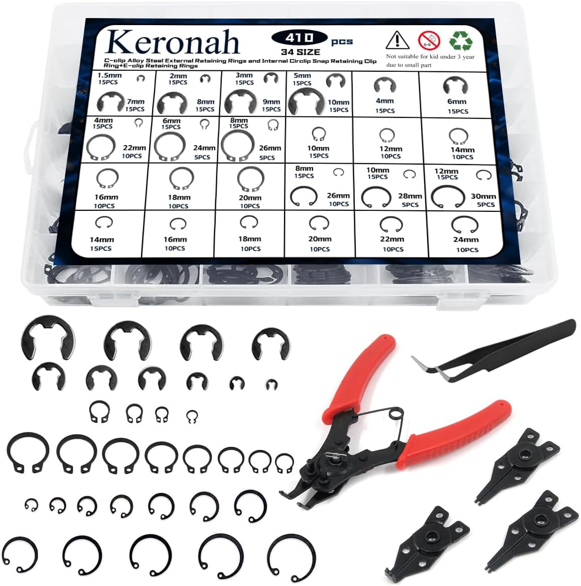 410PCS 34 Sizes E-Clips Assortment Set(1.5mm-10mm) and Alloy Steel External Retaining Rings(M4-M26) Internal Circlip Snap Retaining Clip Ring(M8-M30) with 4 in 1 Snap Ring Pliers and Tweezer