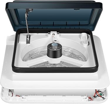 12V 5W Caravan Roof Vent Fan 280X280mm RV Roof Vent Fan 5-35M /Min Air Flow Caravan Skylight IP68 Motorhome Vent RV Ventilation Fan Quiet 20-65dB With 4 Led Lights,10 Blades, Insect Net