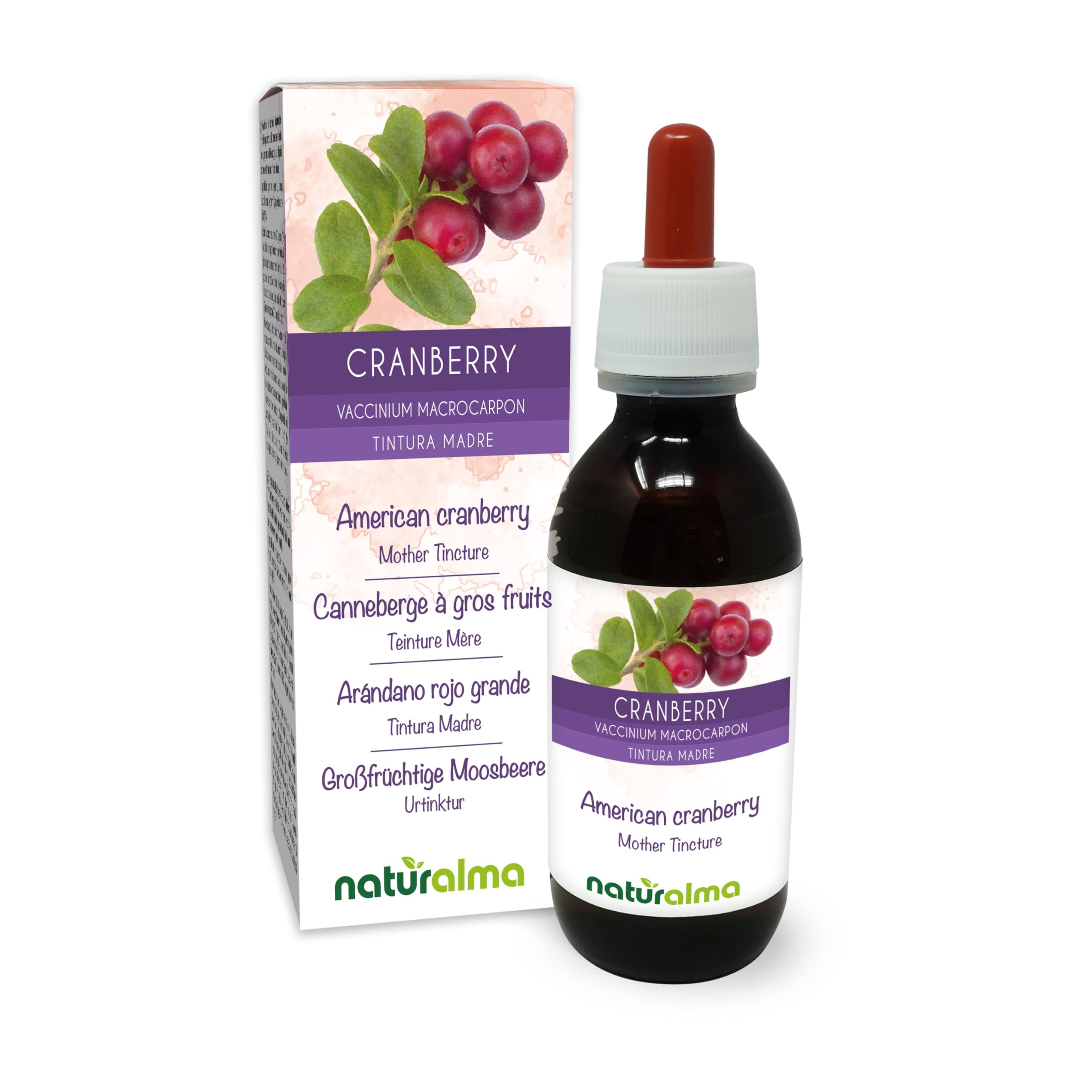 Cranberry o Mirtillo rosso americano (Vaccinium macrocarpon o Oxycoccus macrocarpos) frutti Tintura Madre analcoolica Naturalma - Estratto liquido gocce 120 ml - Integratore alimentare - Vegano
