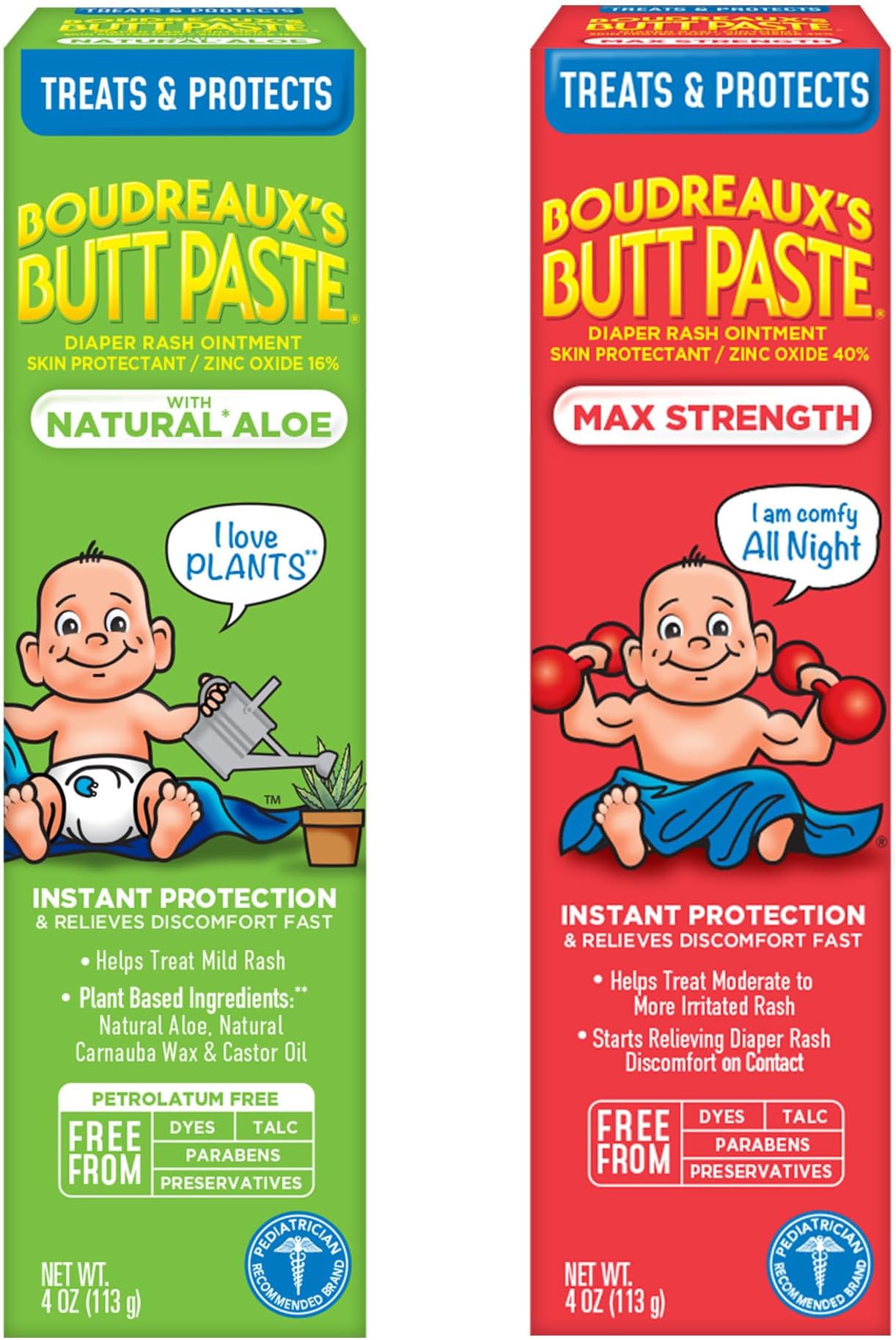 Boudreaux's Butt Paste Diaper Rash Ointment Variety Pack (1-4 oz Maximum Strength, 1-4 oz Natural Aloe)