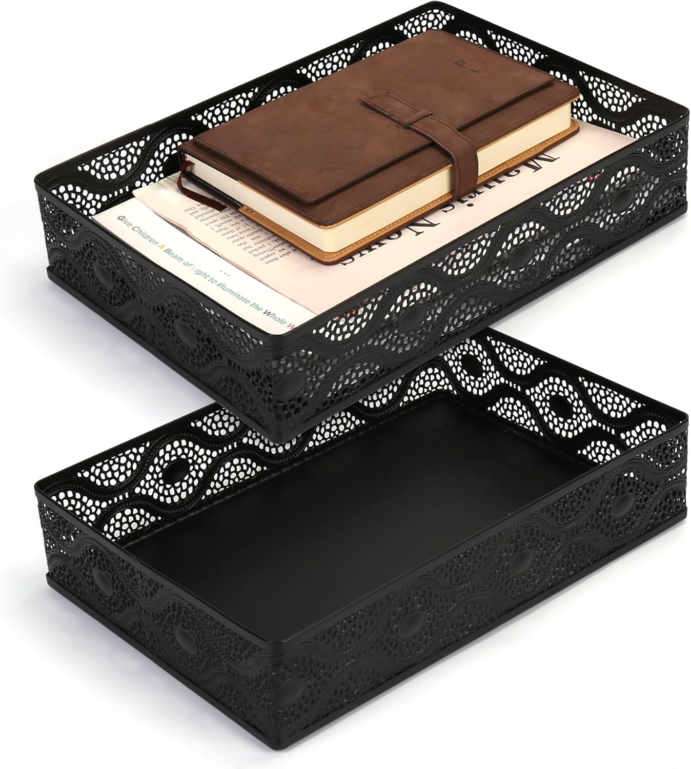Desk Drawer Organizer, A4 Large Metal Mesh Desk Organizer Tray, Carved Hollow Floral Desk Letter Tray, Versatile Storage Basket for Office Home Supplies,13x9x3 inches (Curved,2 PCS)