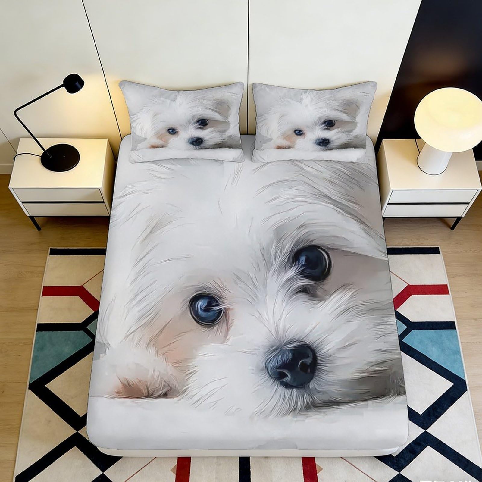 3D Printed White Puppy Fitted Sheet Microfiber Soft Dog Face Bed Cover for Bedroom Dorm Mattress Protection Decor, Anti-Slip, Easy Care 90x200x25cm