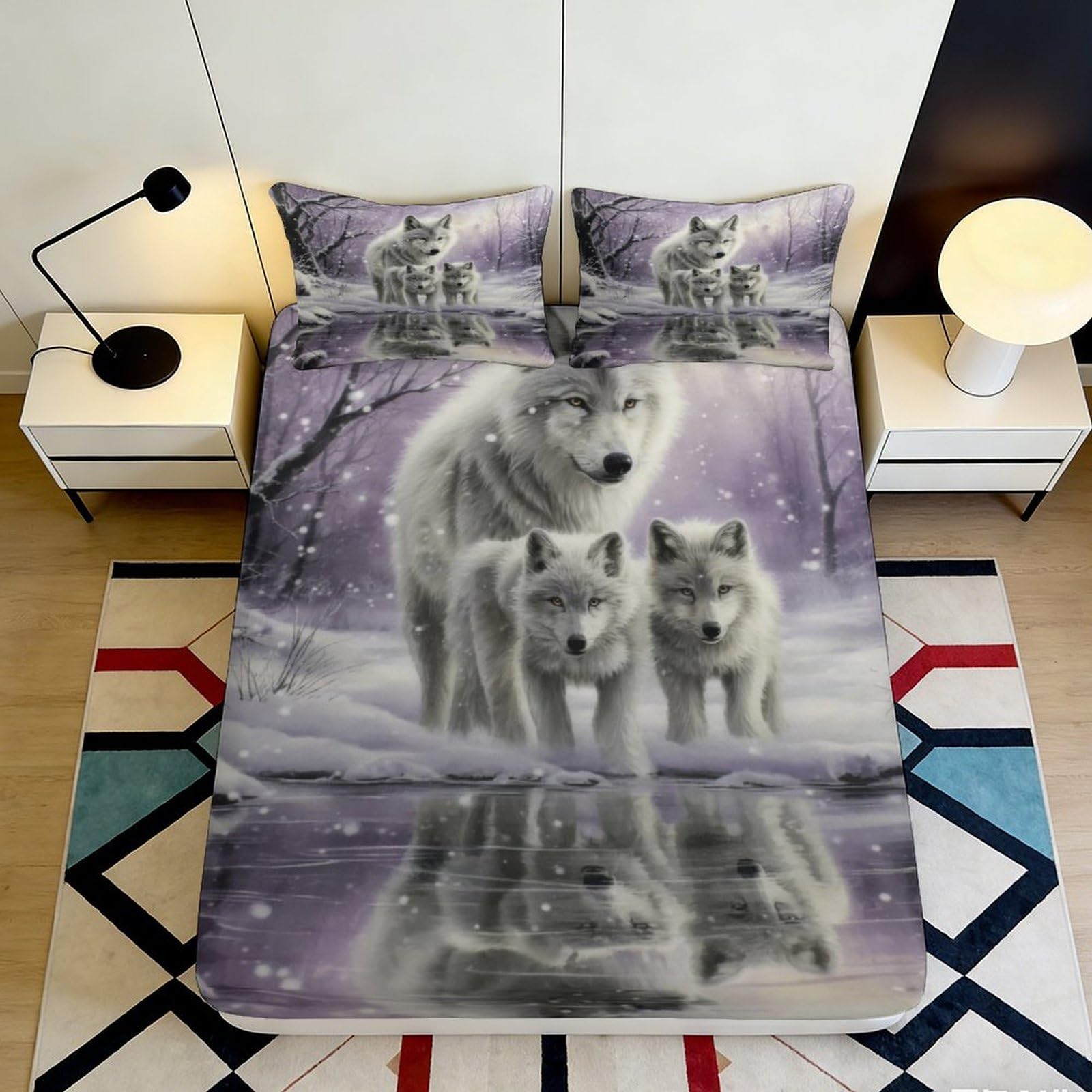 3D Printed Aurora Wolf Fitted Sheet Microfiber Soft Breathable Moonlit Forest Mattress Cover for Bedroom Decor 90x200x25cm