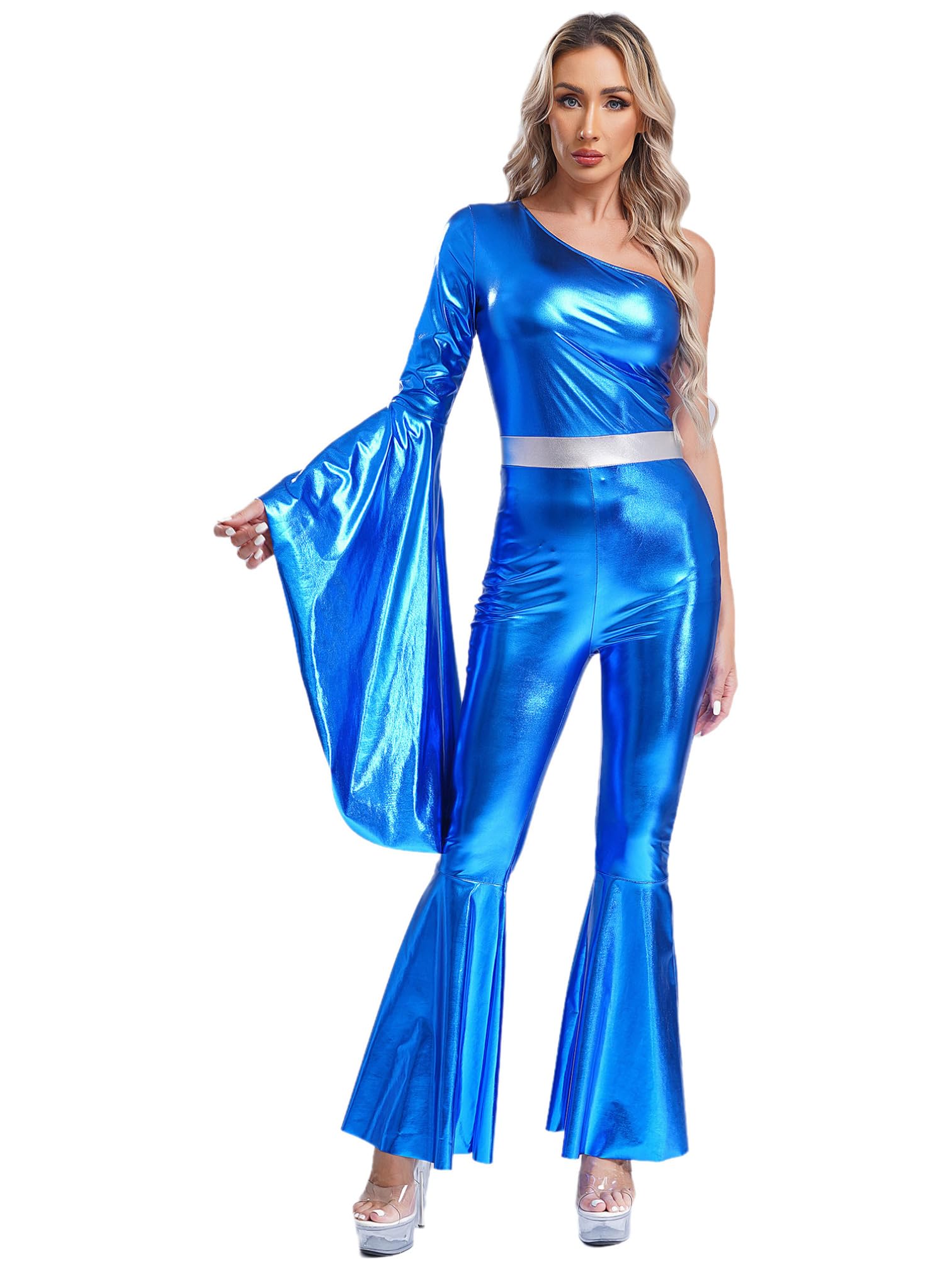 MSemis Mono Brillante de Baile para Mujer Jumpsuit Metálica de Manga Acampanado con un Hombro Disfraz de Danza Animadora Mono de Disco Style Party Fashion