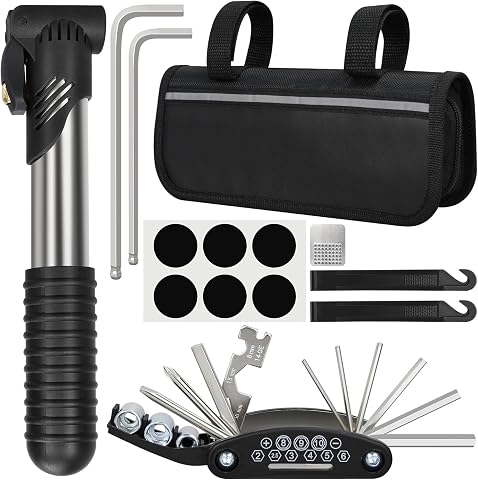 Bike Repair Kit with Tire Pump, Multitool, and Storage Bag