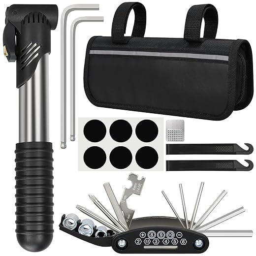 Bike Repair Kit, Bicycle Repair Bag with Tire Pump, Bike Tool Kit for Camping Travel, 16-in-1 Bike Multitool, Bicycle Tire Repair Kit, 4mm and 5mm Allen Wrenches, Used for Mountain Bike and Road Bike
