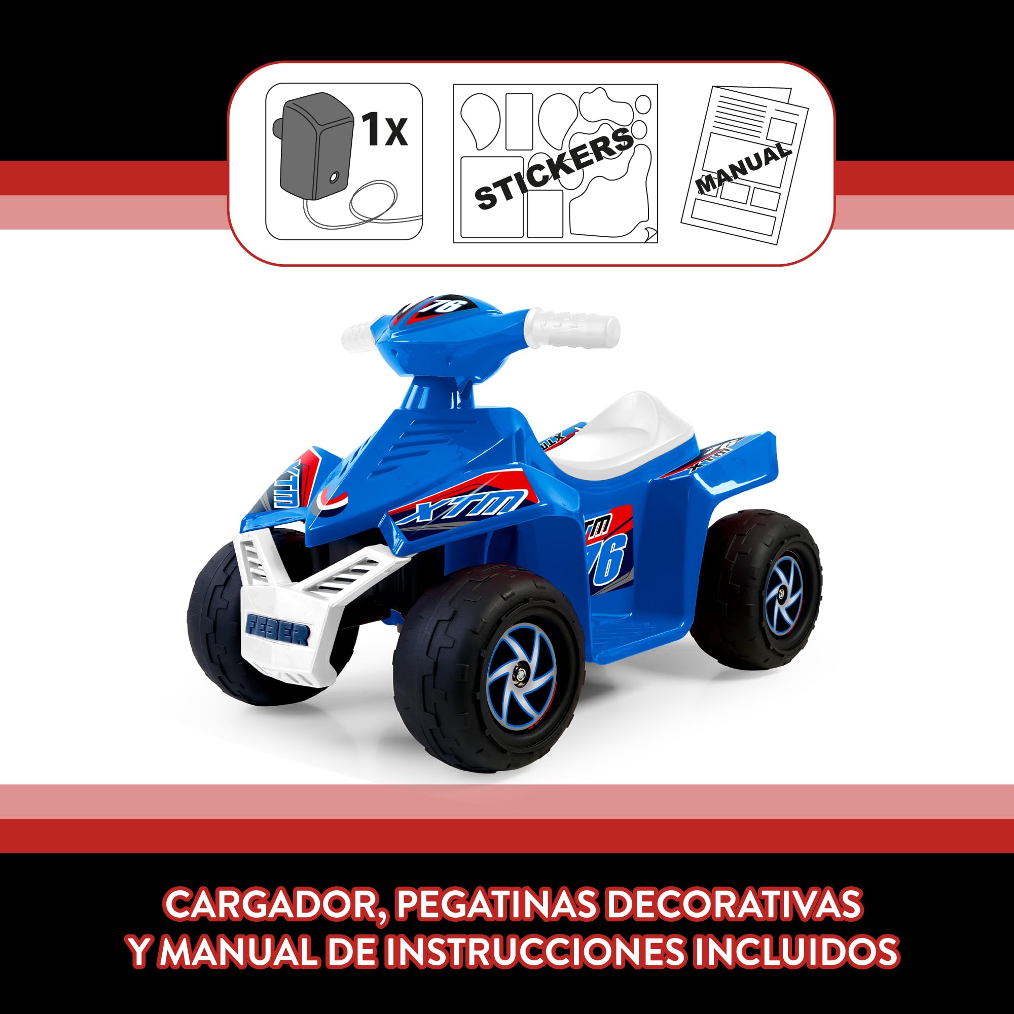 Feber Quad CE-Blue 6V Coche Eléctrico para Niños Acelerador Ruedas Grandes Estabilidad 40 min Batería Cargador Incluido