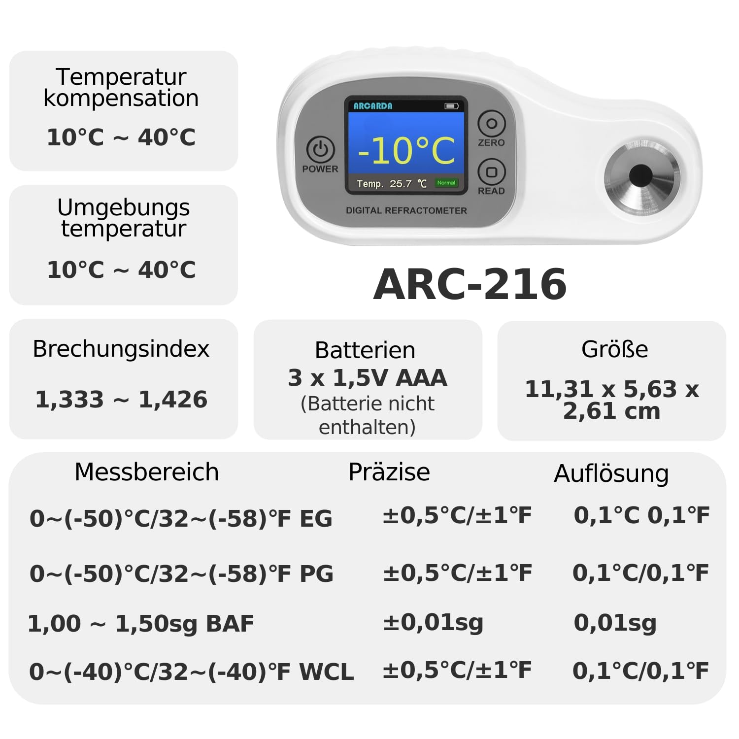 Digitales Refraktometer Kühlmittel Refraktometer Frostschutz Refraktometer ATC EG 0 bis (-50) °C / 32 ~ (-58) °F, PG 0 ~ (-50) °C / 32 ~ (-58) °F, BAF 1,00~1,50 sg, WCL 0 ~ (-40) °C / 32 ~ (-40) °F