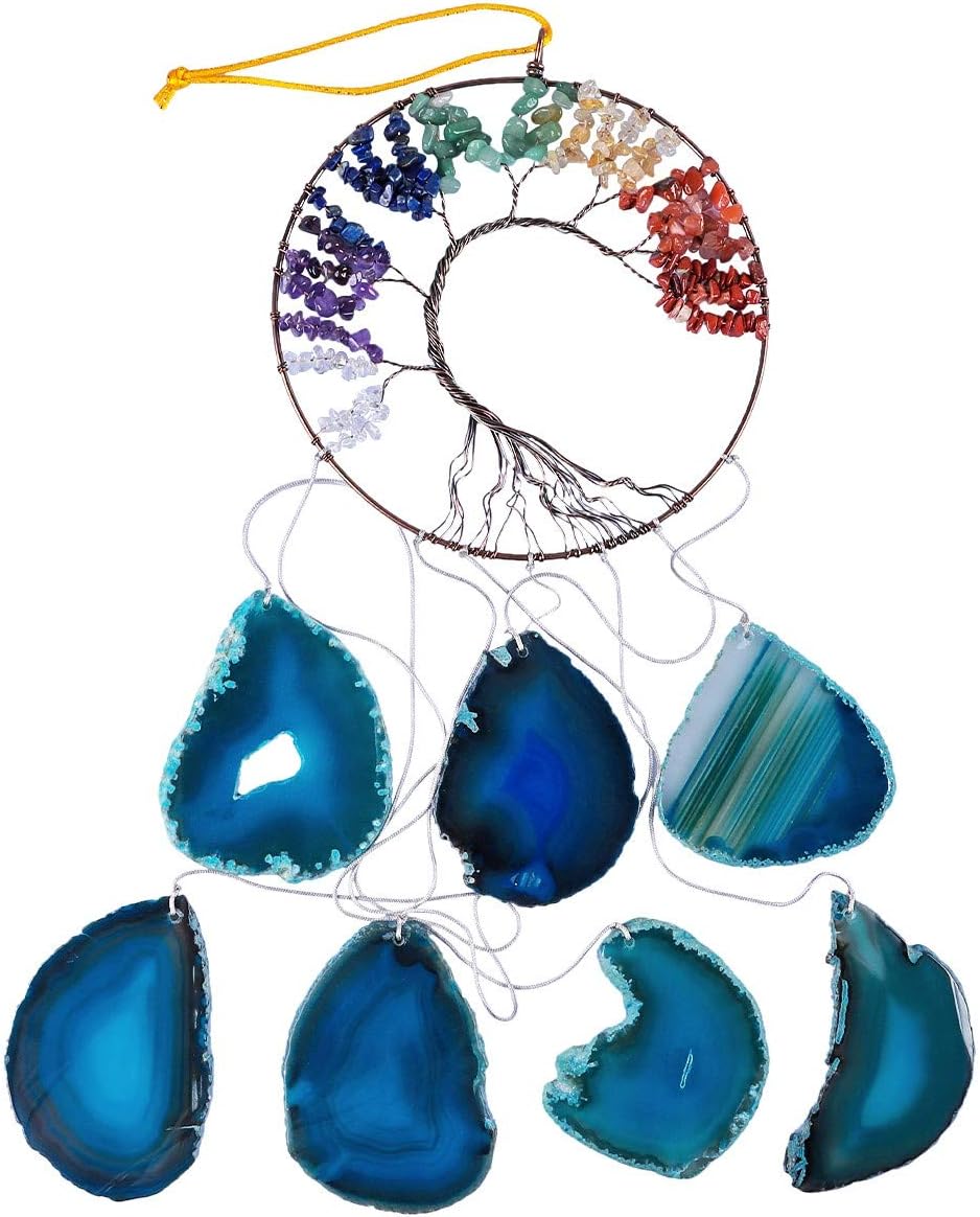 Nupuyai Tree of Life Hanging Ornaments Blue Agate Slices Wind Chime Handmade 7 Chakra Crystal Windchime for Home Window Garden Decoration