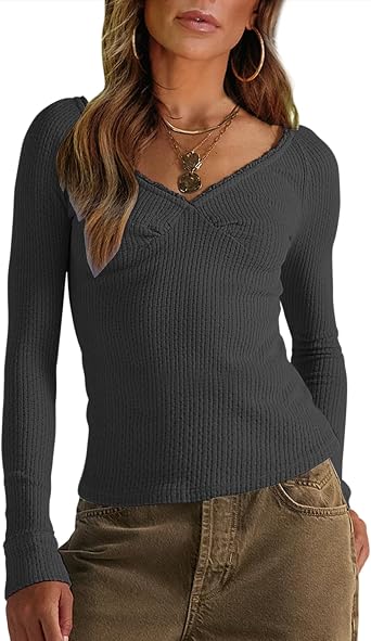 Vivitulip Womens Long Sleeve Shirts Sexy Deep V Neck Casual Basic Blouses Tops