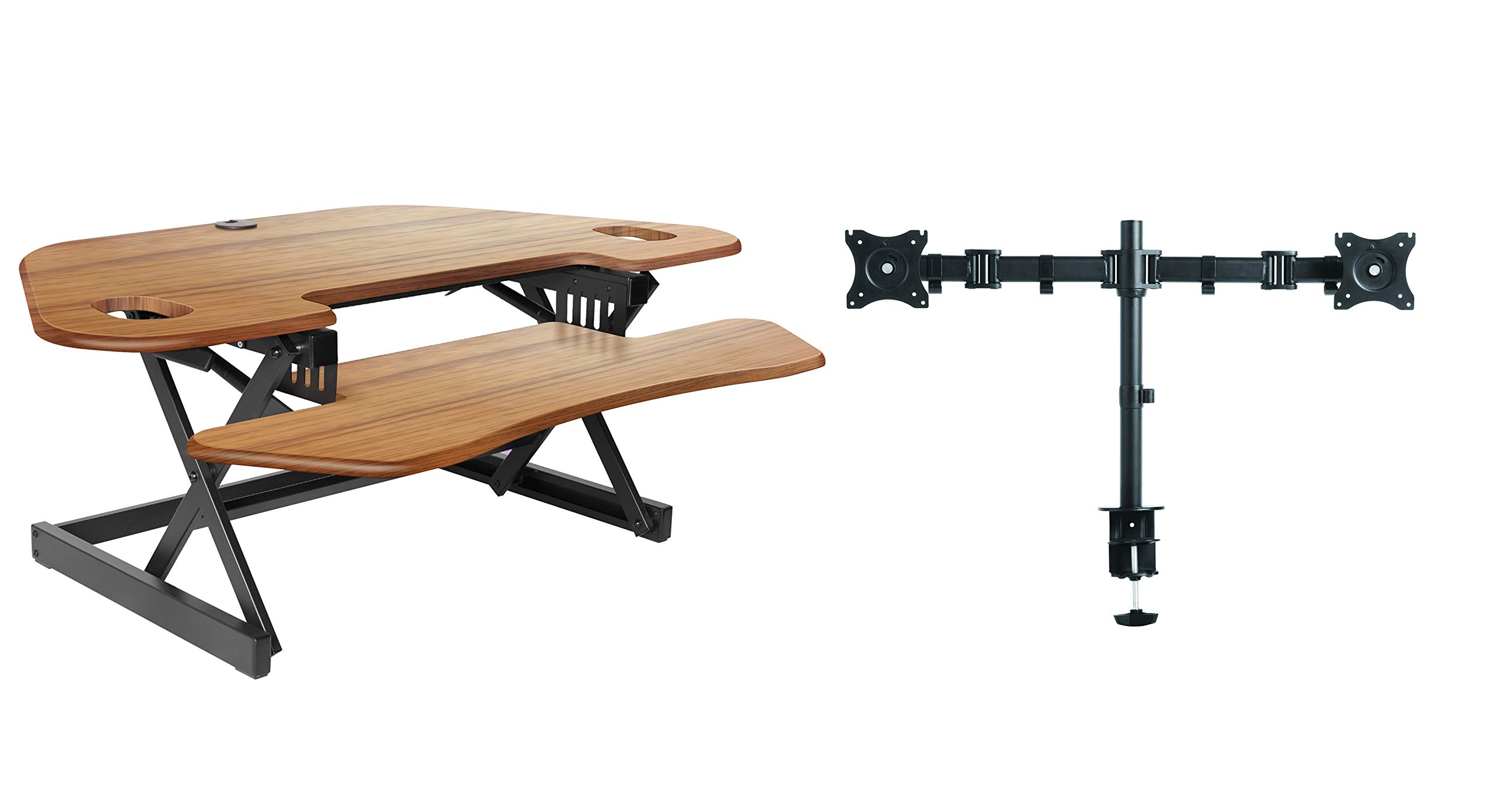 Photo 1 of Rocelco 46" Height Adjustable Corner Standing Desk Converter with Dual Monitor Arm BUNDLE - Quick Sit Stand Up Computer Workstation Riser - Extra Large Keyboard Tray - Teak Wood Grain (R CADRT-46-DM2) Riser + Dual Mount Teak/Black