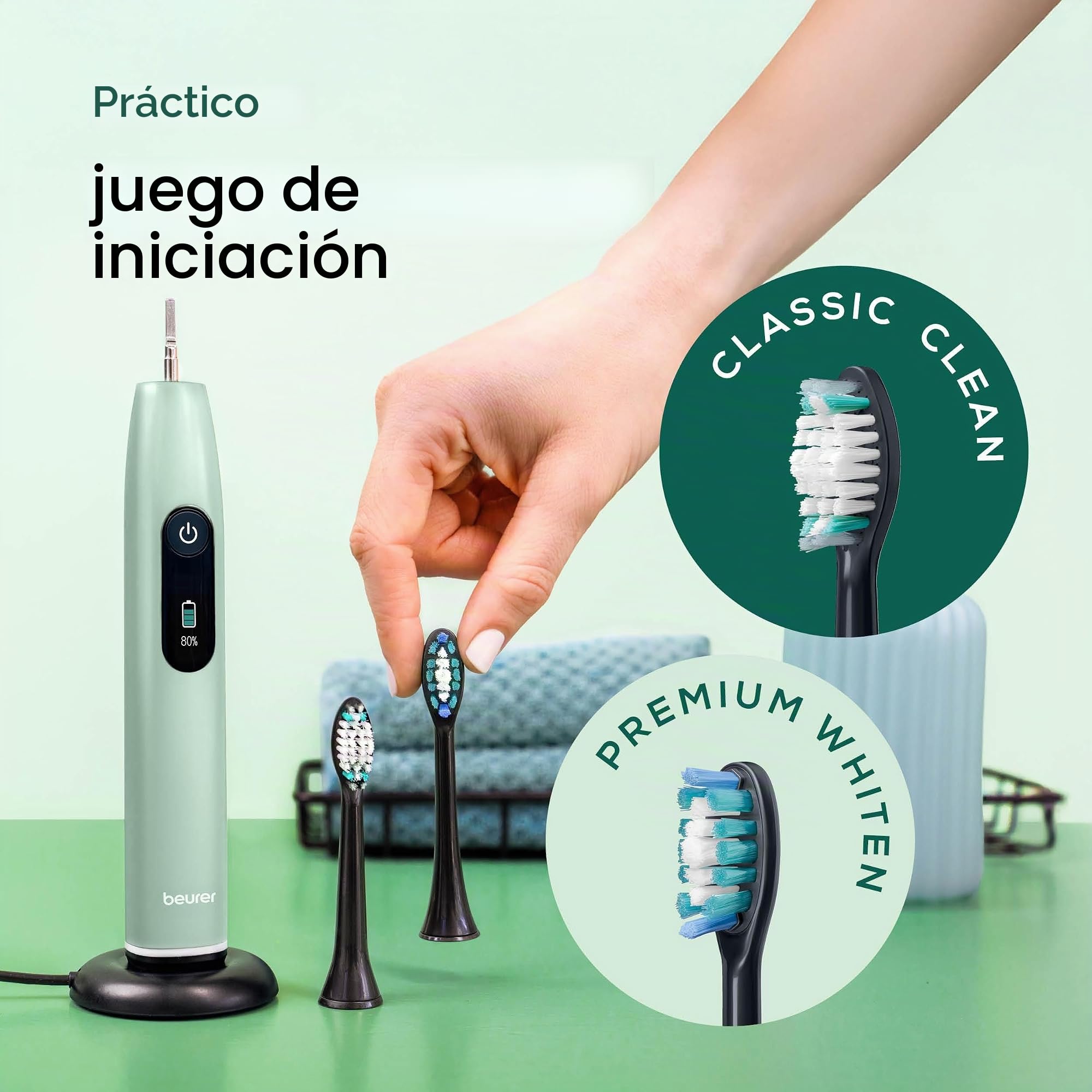 Beurer SC 50 - Cepillo de dientes eléctrico sónico con 5 modos de cepillado y sensor de presión, 80.000 vibraciones, pantalla con indicador de tiempo de cepillado, incluye 2 cabezales de cepillo