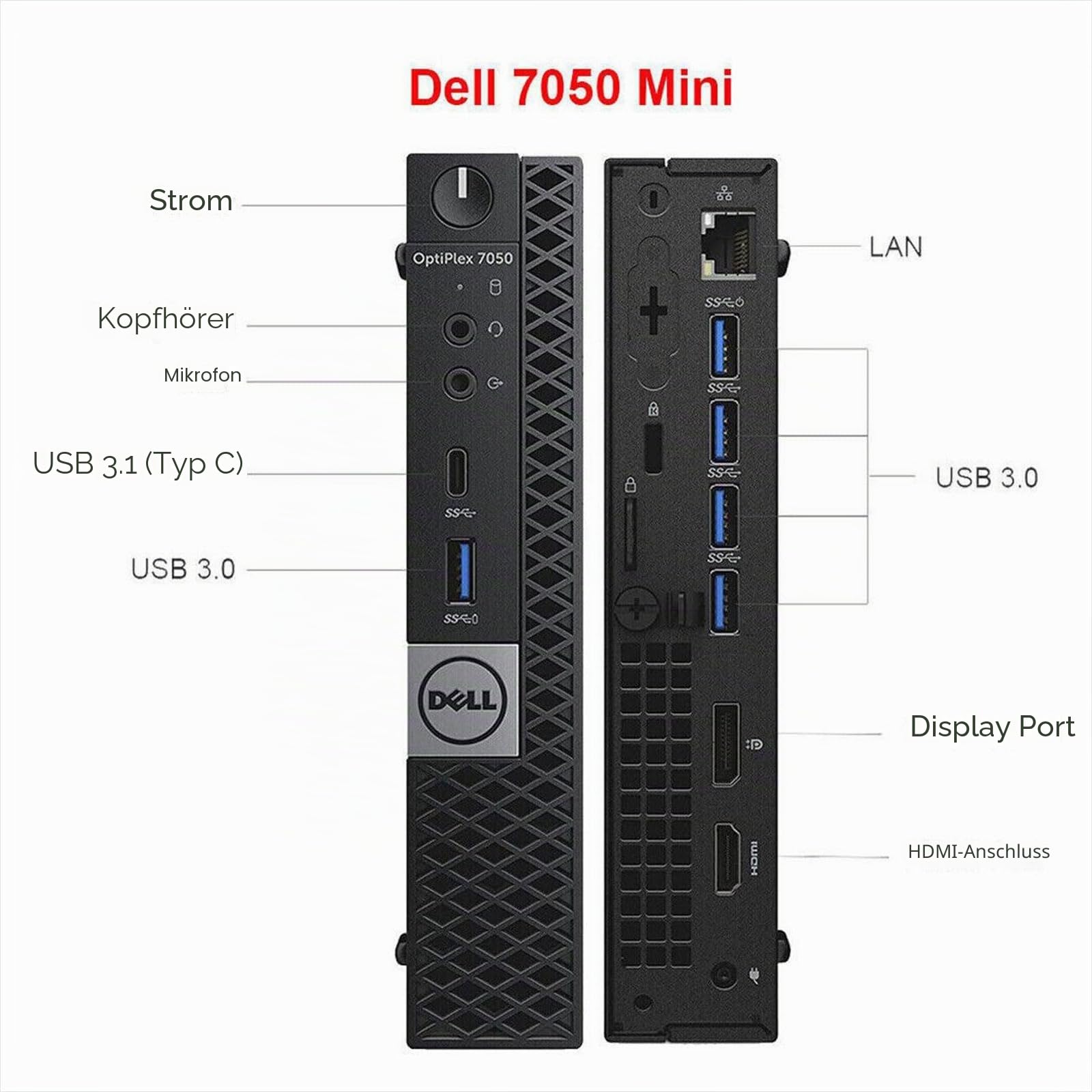 Dell Optiplex 7050 Tiny Mini PC i5-6th, RAM 16 GB, SSD 256 GB, Display Port, HDMI, Wi-Fi USB + Windows 11 Pro (Generalüberholt)