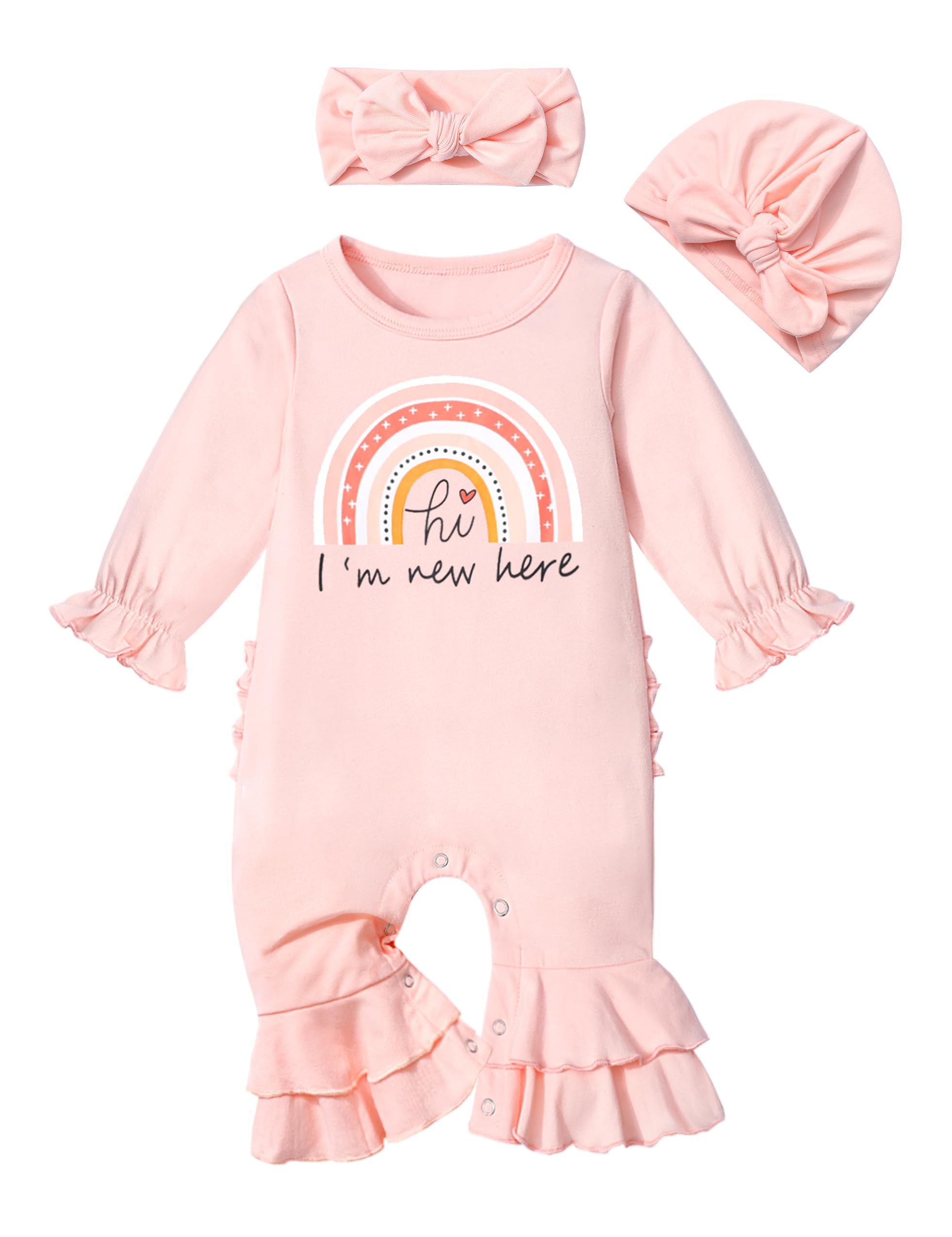 KANGKANG Newborn Girl Clothes Onesie for Baby Girl Ruffle Romper Boho Infant Bell Bottom Jumpsuit with Headband Hat