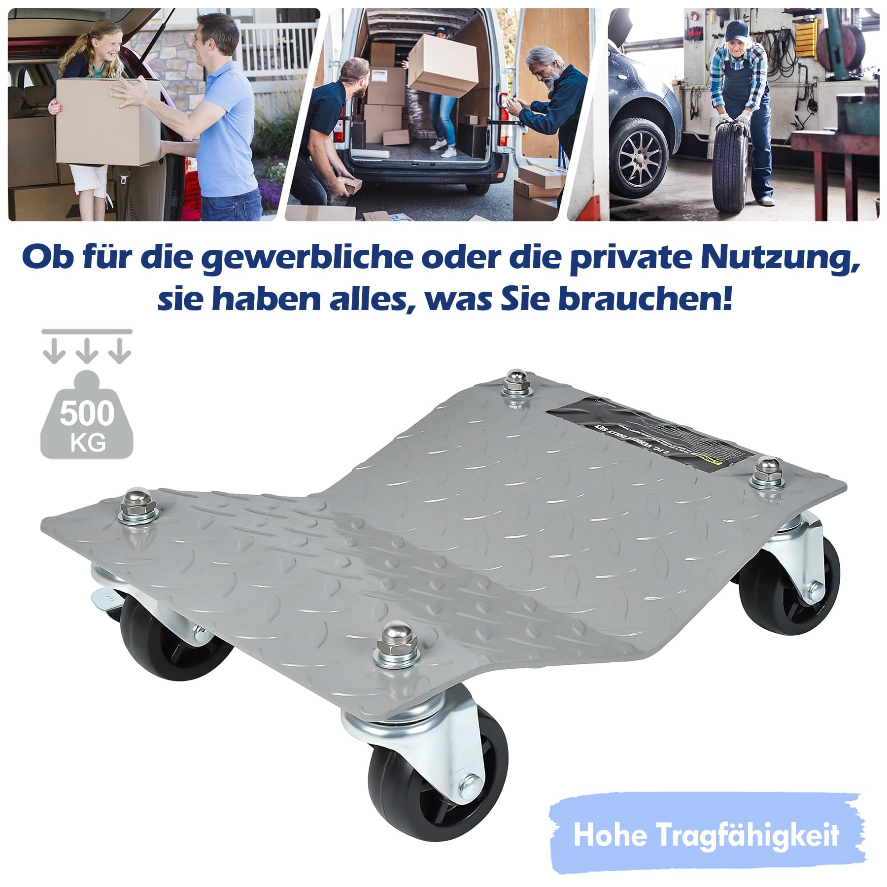 Froadp 4 Stück Rangierhilfe Rangierroller Rangierheber Rangierwagenheber Schwerer Pulverbeschichteter Stahl Reifenwechsel Wagenheber für Auto PKW LKW Anhänger 500 kg pro Plattform, Silber