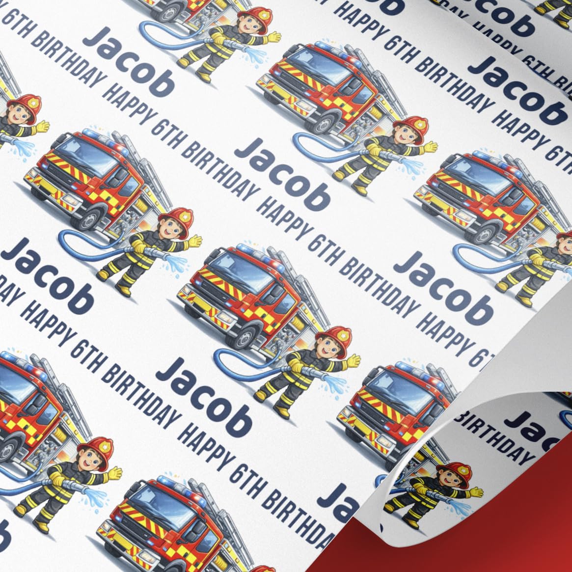 Personalised Fire Engine Wrapping Paper with Name & Age – Red Rescue Truck Birthday Gift Wrap – Premium 61cm Wide Roll (4mt)