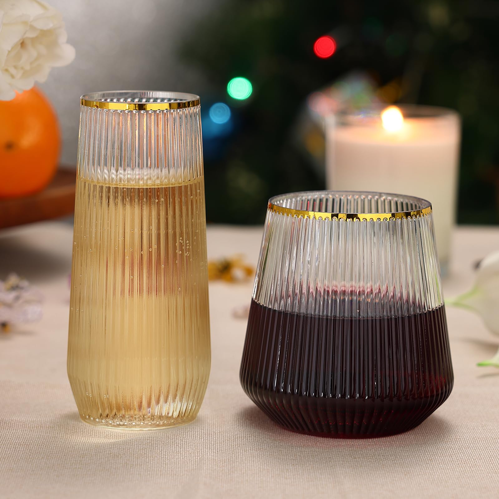 48 Pack Ribbed Plastic Wine Glasses – 24 x 9oz Stemless Champagne Flutes & 24 x 12oz Disposable Wine Glasses – Elegant Disposable Plastic Cups with Gold Rim – BPA-Free Drinkware for Weddings, Parties — Amazon image 3