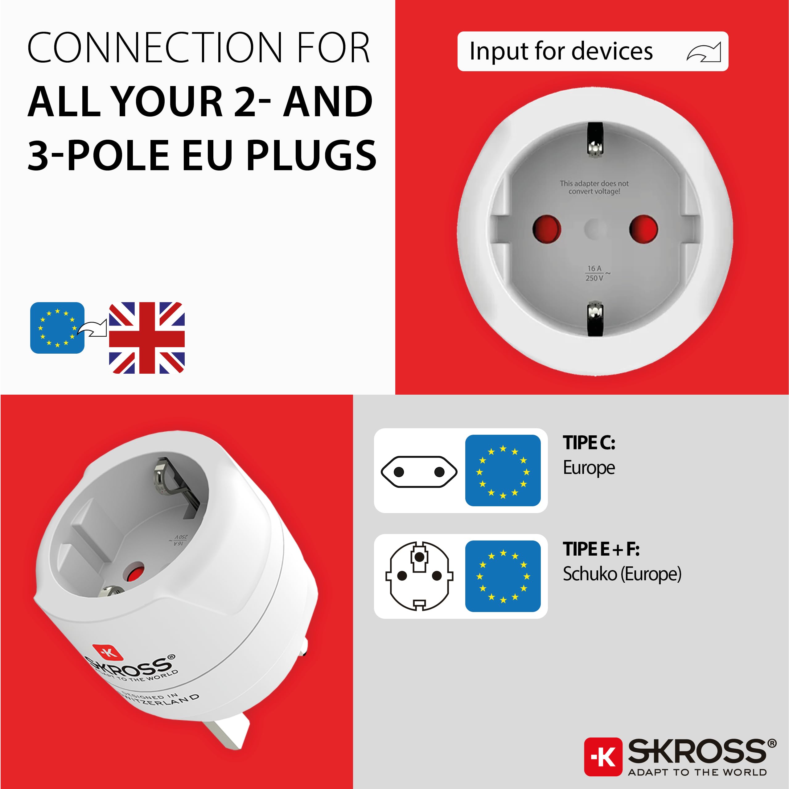 SKROSS 1.500230C-E, Europe to UK adapter podróżny do podróży z Europy w Wielkiej Brytanii