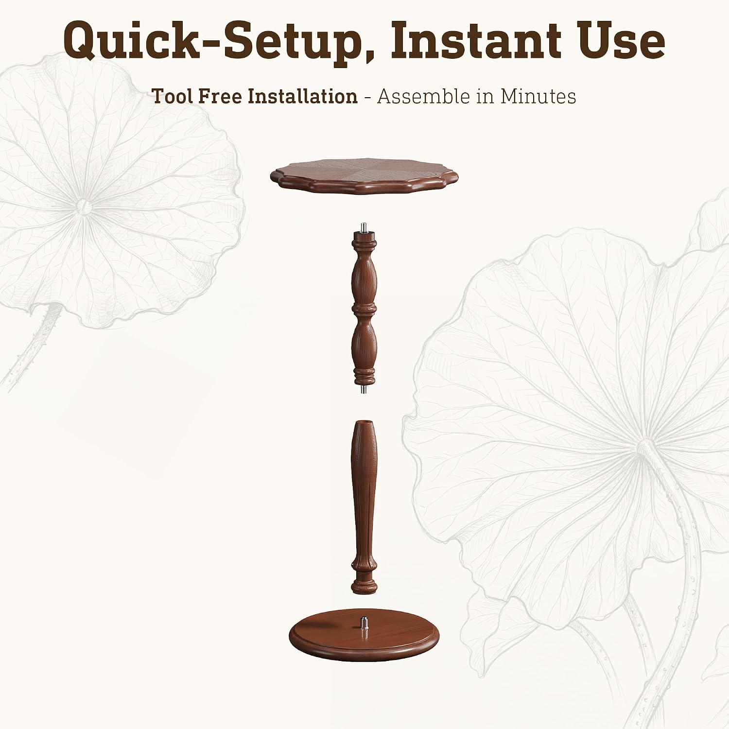 STO'SENSE 12"W Round Side Table, Drink Table for Small Spaces,Modern Accent Nightstand w/Solid Wood Leg,Mid-Century Pedestal Sofa Table w/Classic Sculpted Design Living Room,Tool-Free Assembly,Walnut