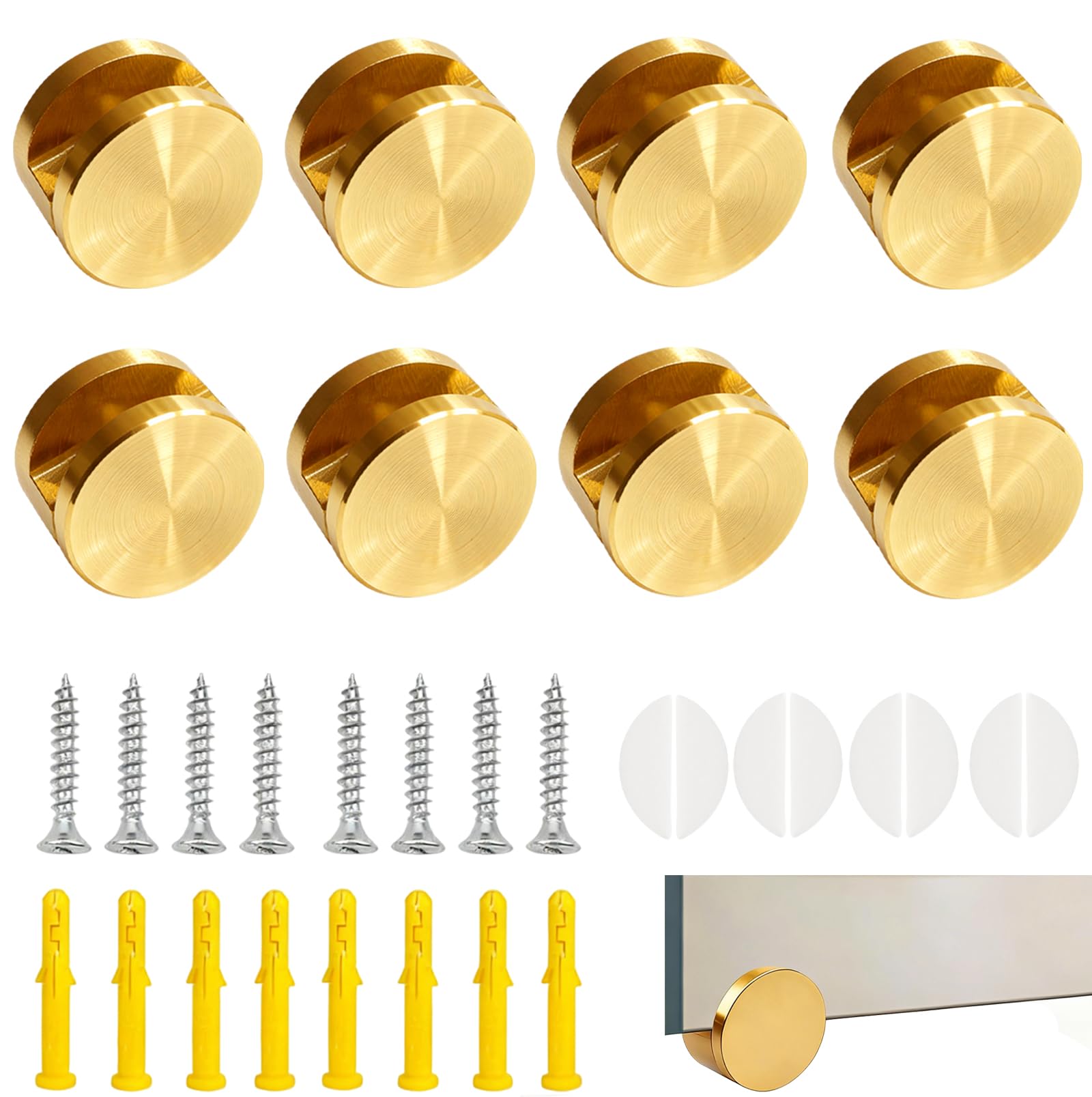 Ykendz Aluminum Mirror Clips, Round Shape Wall-Mounted Mirrors Bracket, Glass Clips Clamps Holder, Dresser Mirror Fixed Fitting for 5-11mm Thick Mirrors 8 Pcs (Gold)
