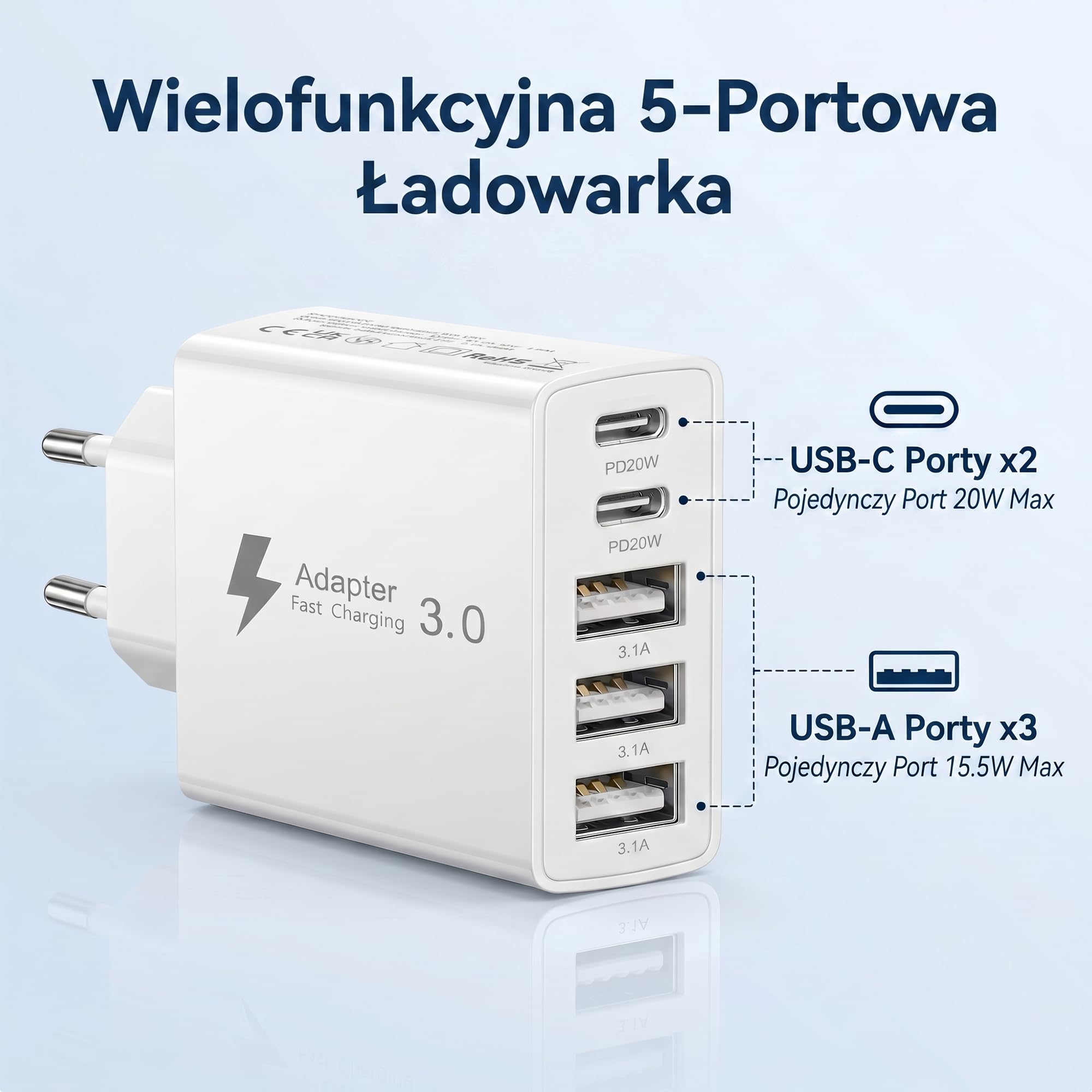 Ładowarka USB C, wieloportowa ładowarka 5 portów z 2×2M kablem USB-C na USB-C, zasilacz USB C 50W PD 3.0 Power Adapter wtyczka USB do iPhone, Samsung