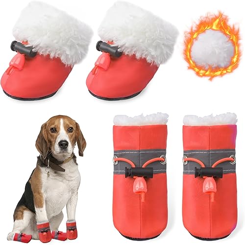 Botas de nieve para perros con protectores de patas de piel, zapatos para perros pequeños y medianos, botines de invierno para cachorros, 4