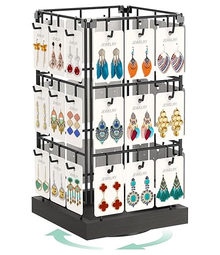 EsLuker.ly Rotating Earring Display Holder Stand for Vendors Events Selling, Large Capacity 36 Hooks Jewelry Rack with Wooden Base for Earring Card Sales, Enhances Retail Visibility(Black) - Black+Black - 36 Hooks