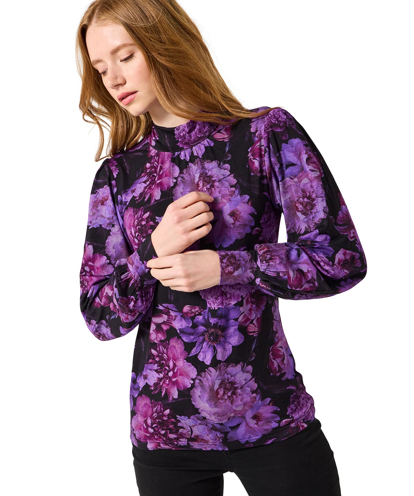 Joe Browns Women's Floral Print High Neck Jersey Top, Regular, Purple, UK 10