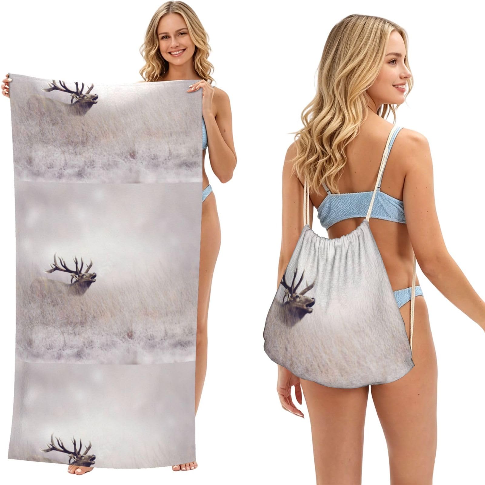 Poadnly As Picture Wild Deer Print, 2 In 1 Packable Towel Bag, Beach Towels With Drawstring Backpack For Travel Holiday Camping