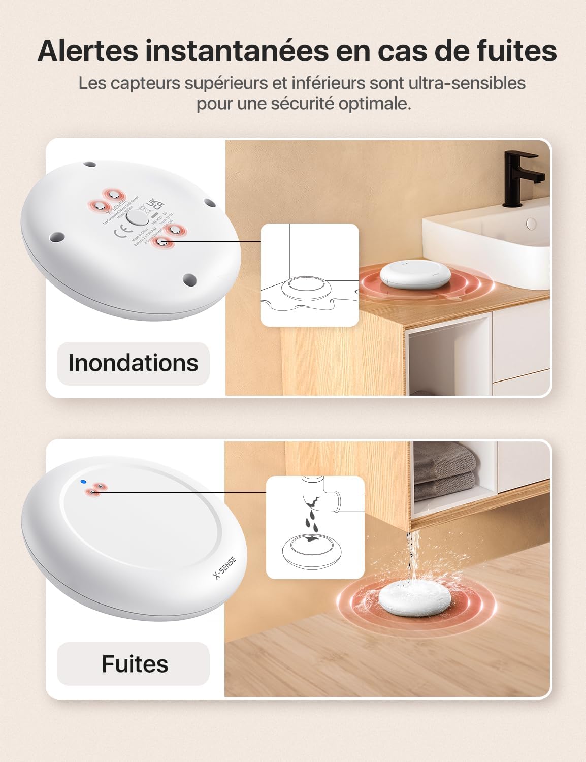 Two diagrams illustrating the X-Sense water leak detector's functionality. The top diagram shows the detector on a bathroom counter, detecting a flood. The bottom diagram shows the detector on a wooden floor, detecting a leak from above.