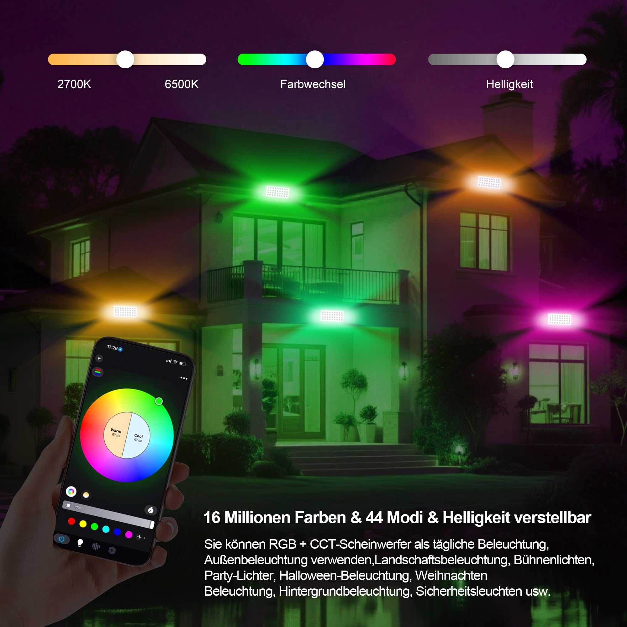 Yotivki RGB LED Outdoor Floodlight, Smart 180W Colour Changing Floodlight with App Control & Remote Control - Image 2