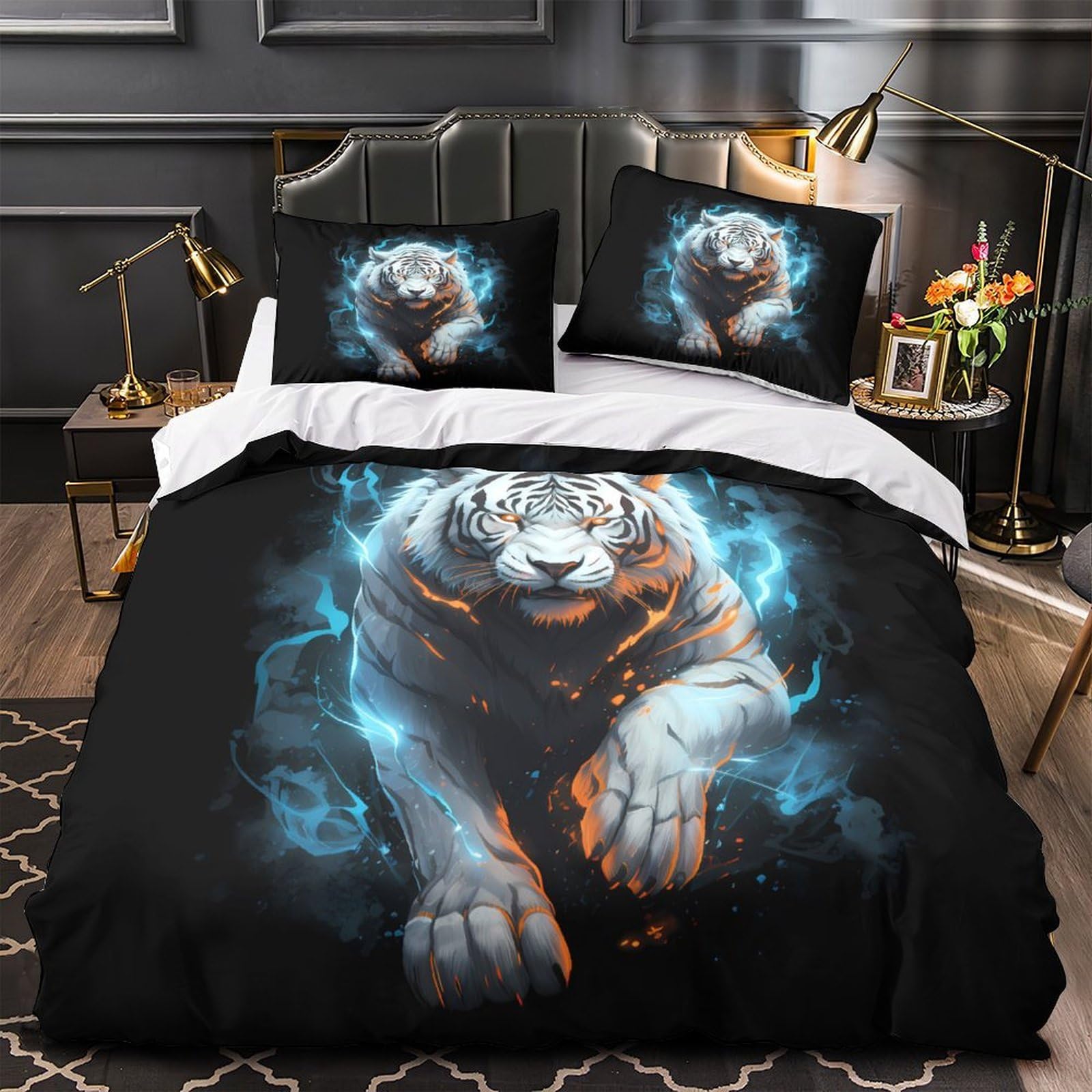 Housse de couette tigre blanc 3D en microfibre 220x240 cm avec fermeture éclair