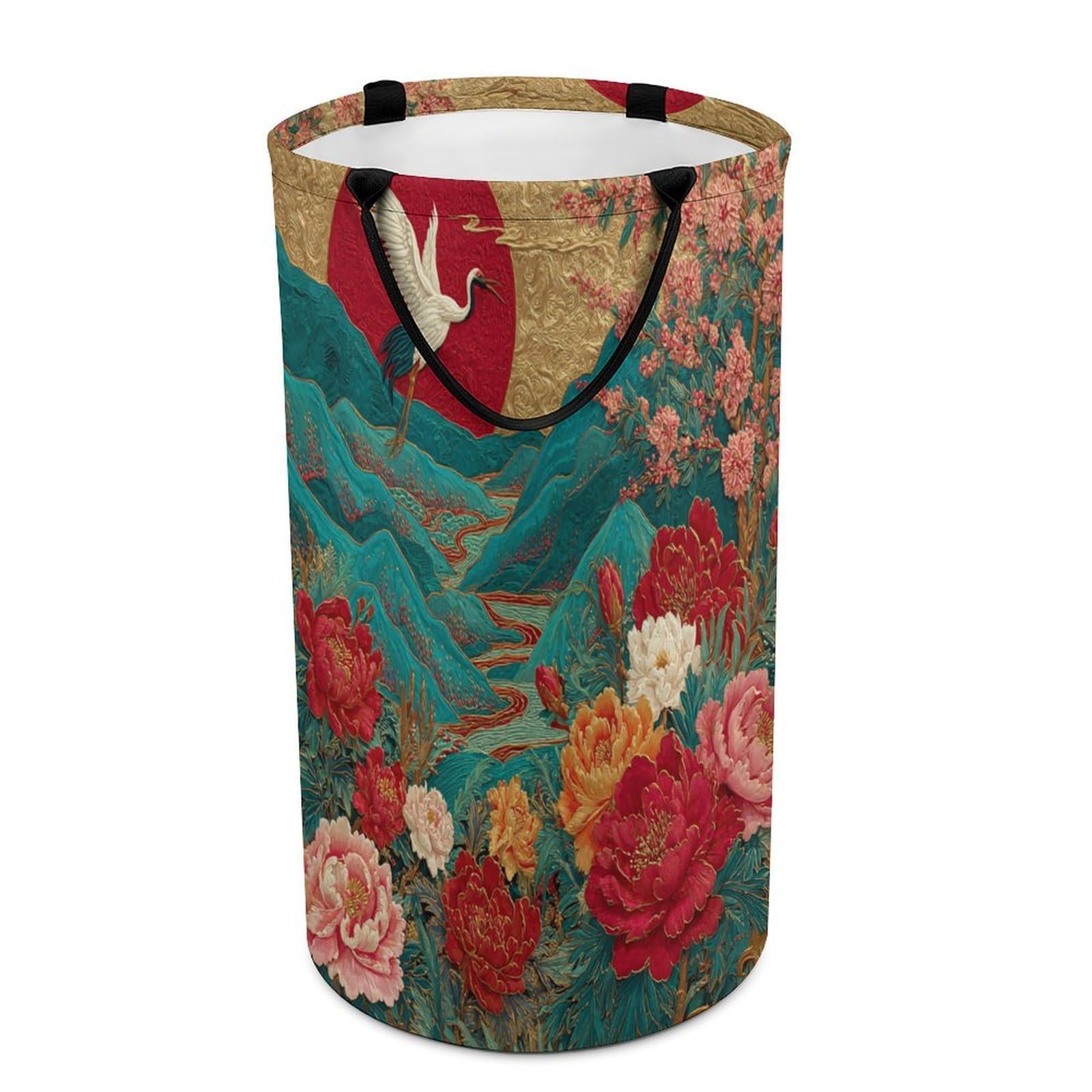 LUYYSKY Vintage Realistic Animal Crane Collapsible Dirty Clothes Basket, Beautiful Watercolor Japanese Red Sun Peonies Cherry Blossoms Portable Clothes Storage Laundry Basket-40 CM Dia, 69 CM High