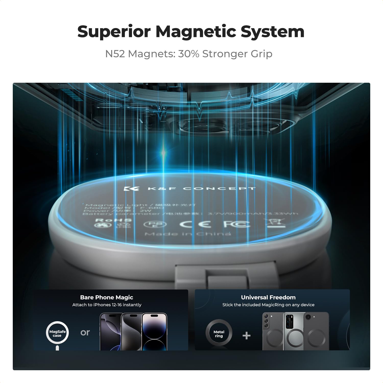 K&F CONCEPT 360° Magnetische Selfie Licht mit Spiegel 900mah Akku,Weiß | 673lux Handy Ringlicht kompatibel mit iPhone Magsafe/Android, LED Selfie Ring Fülllicht für Selfies /Make up/Fotografie