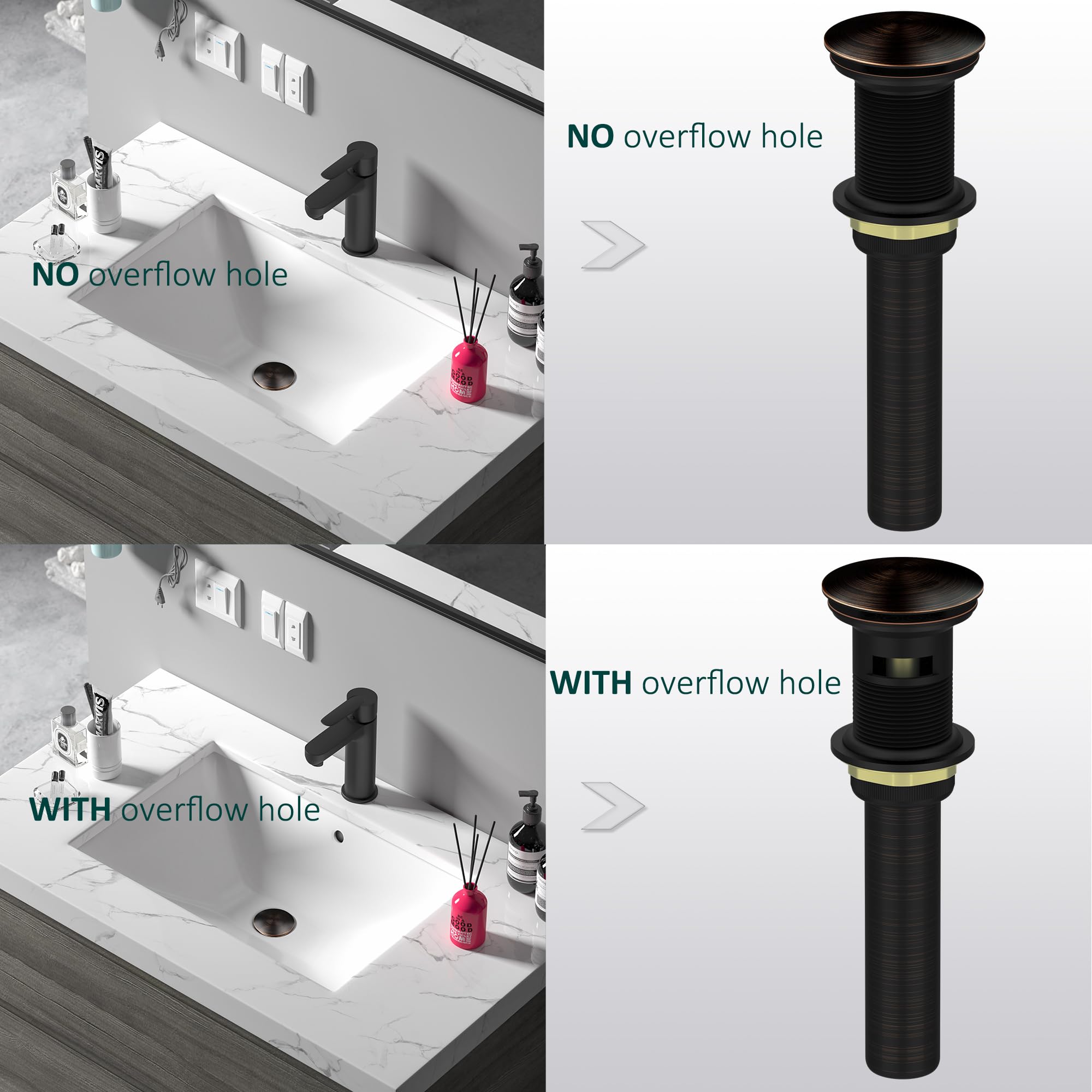 Scarico pop-up in metallo ORB con troppopieno, in ottone resistente antiruggine e acciaio inossidabile 304, tappo di scarico per lavabo da bagno