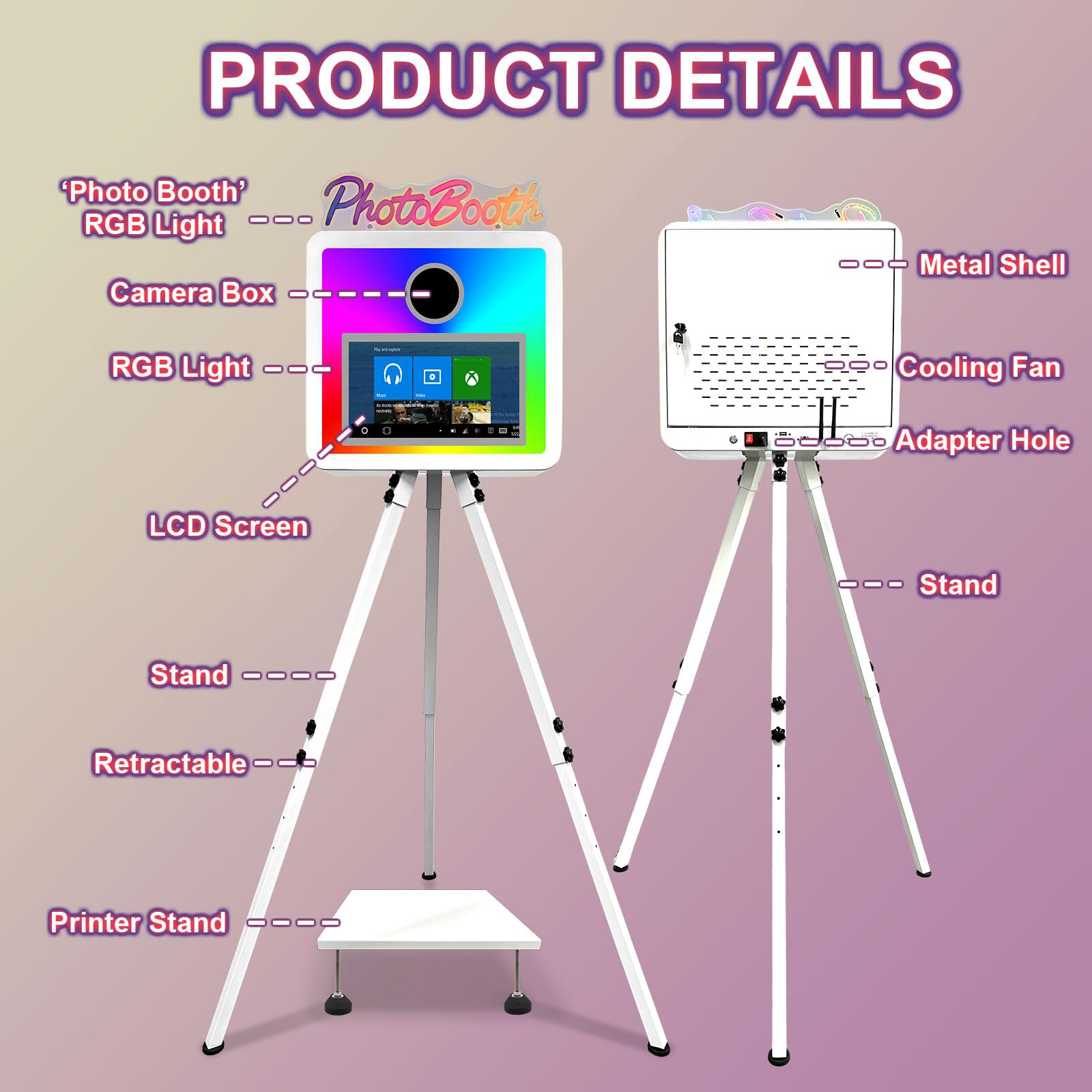 Lampa RGB "PhotoBooth" z ekranem dotykowym 15,6 cala do selfie DSLR, fotobudka, przenośna fotobudka, wbudowany mini komputer do wynajęcia imprez weselnych (biała, fotobudka)