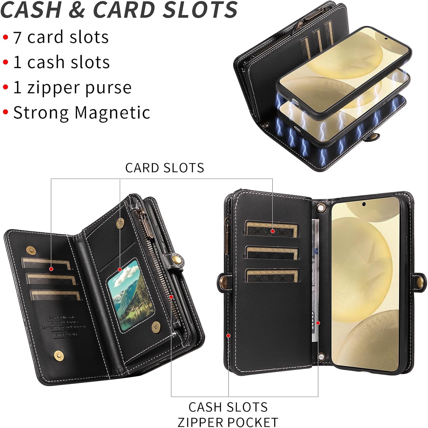 Asuwish Phone Case for Samsung Galaxy S24 5G Zipper Wallet Detachable Cell Cover with Screen Protector Crossbody Lanyard Strap Flip Card Holder Slot S 24 24S GS24 G5 6.2 inch Women Men Black