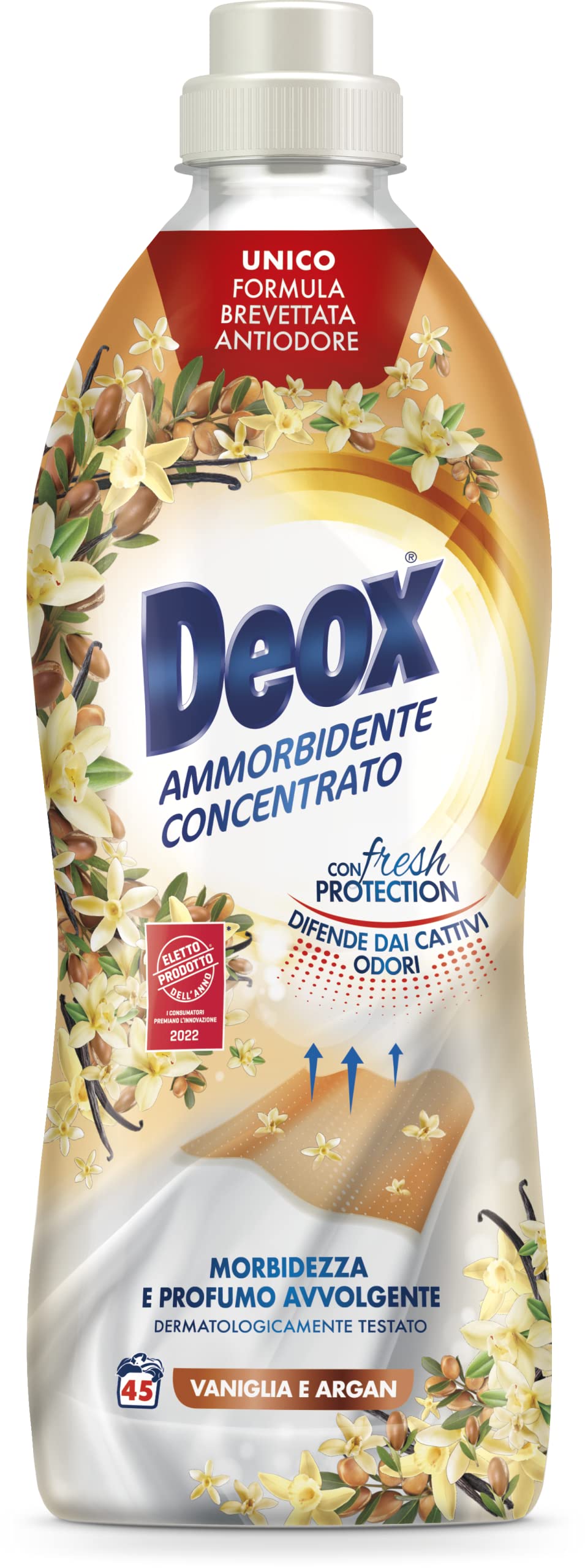 Deox - Weichspülerkonzentrat, 360 Waschgänge, Vanille und Argan, weiche und duftende Kleidungsstücke, mit Fresh Protection-Technologie, 900 ml x 8 Packungen