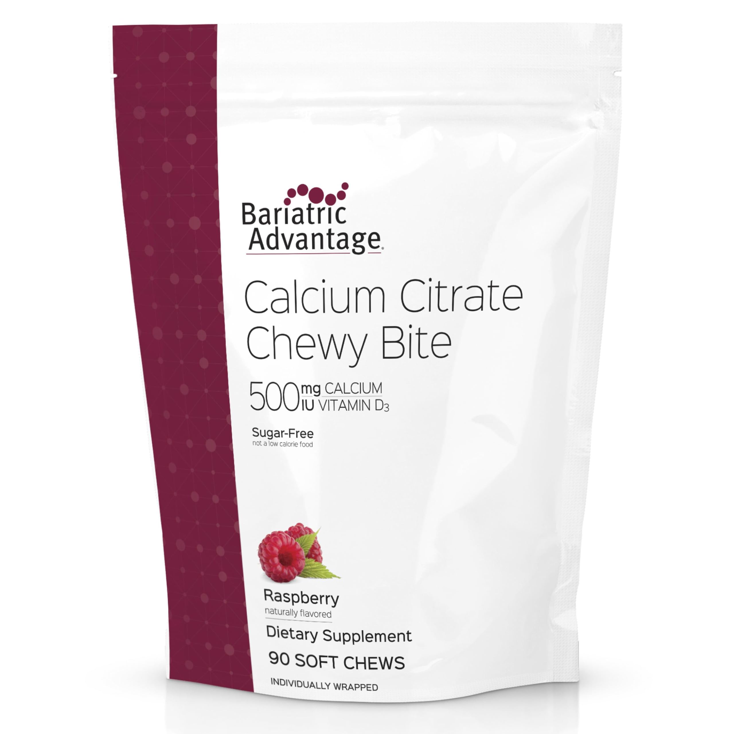 Bariatric Advantage Calcium Citrate Chewy Bites 500 mg - Highly Absorbable & Digestible - Vitamin D3 - Easily Chewable Calcium Supplement - Raspberry Flavor - 90 Count