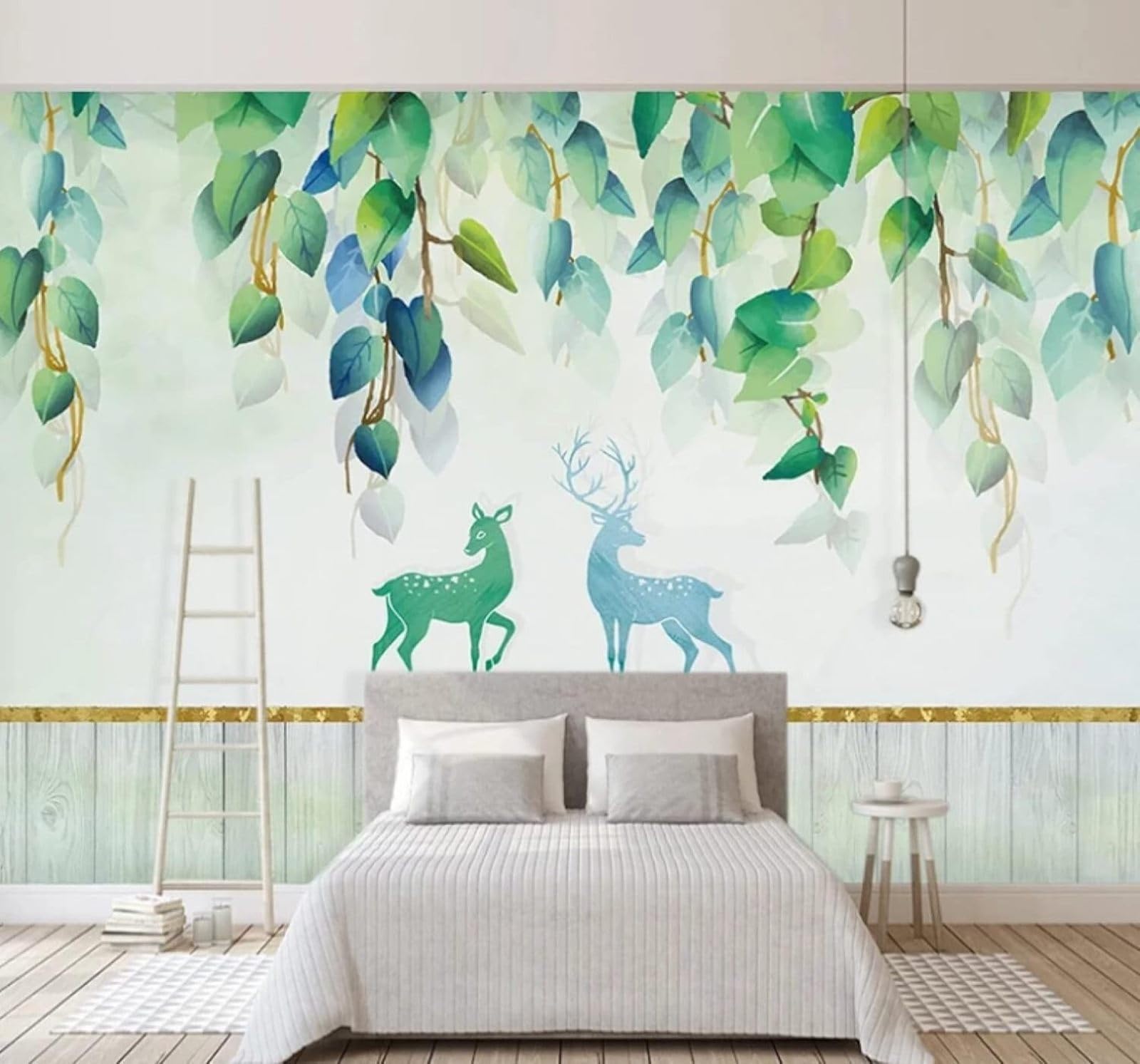 XLMING Fresh Hand Drawn Watercolour Green Leaves Moose 3D Wallpaper Luxury Home Dining Decor Paste Sofa Living Room The Wall for Bedroom Mural-350cm×256cm