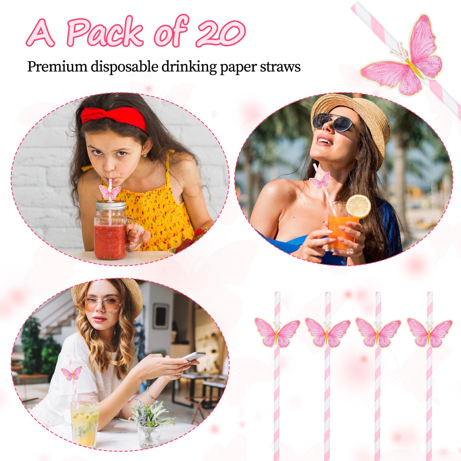20 Strohhalm Papier, 19.7cm Gestreiftes Strohhalme Papier Rosa Einweg-Trinkhalme Papierstrohhalme Party Strohhalme Papier Stroh für Hochzeit Baby Dusche Party Supplies