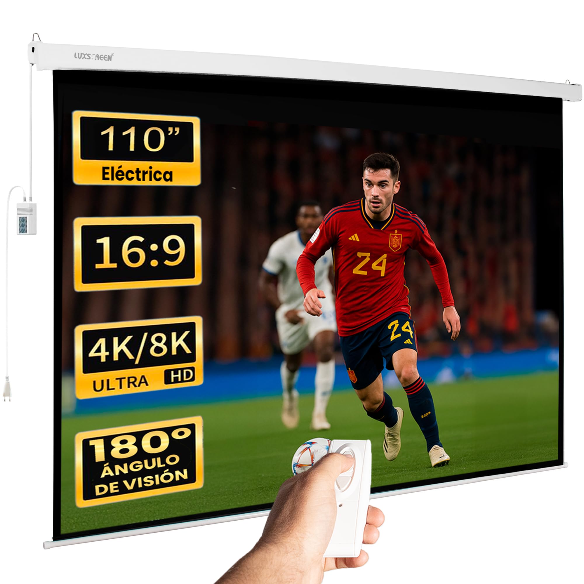Pantalla de proyeccion motorizada de 110", Tela Blanca de 2,43 x 1,38 Metros, cajetin de Acero 274 centímestros, Pantalla para proyector electrica con Mando inalambrico, Auto Enrollable, Formato 16:9