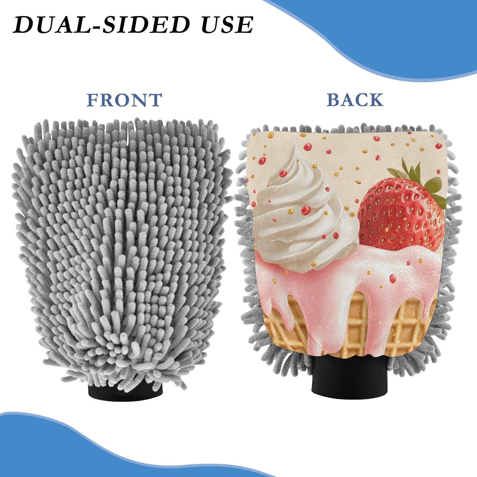 STAYTOP Yummy Ice Cream Car Wash Mitt Microfiber, 2Pcs Scratch Free Lint-Free, Premium Chenille Microfiber Mitt Car Wash Brush-L