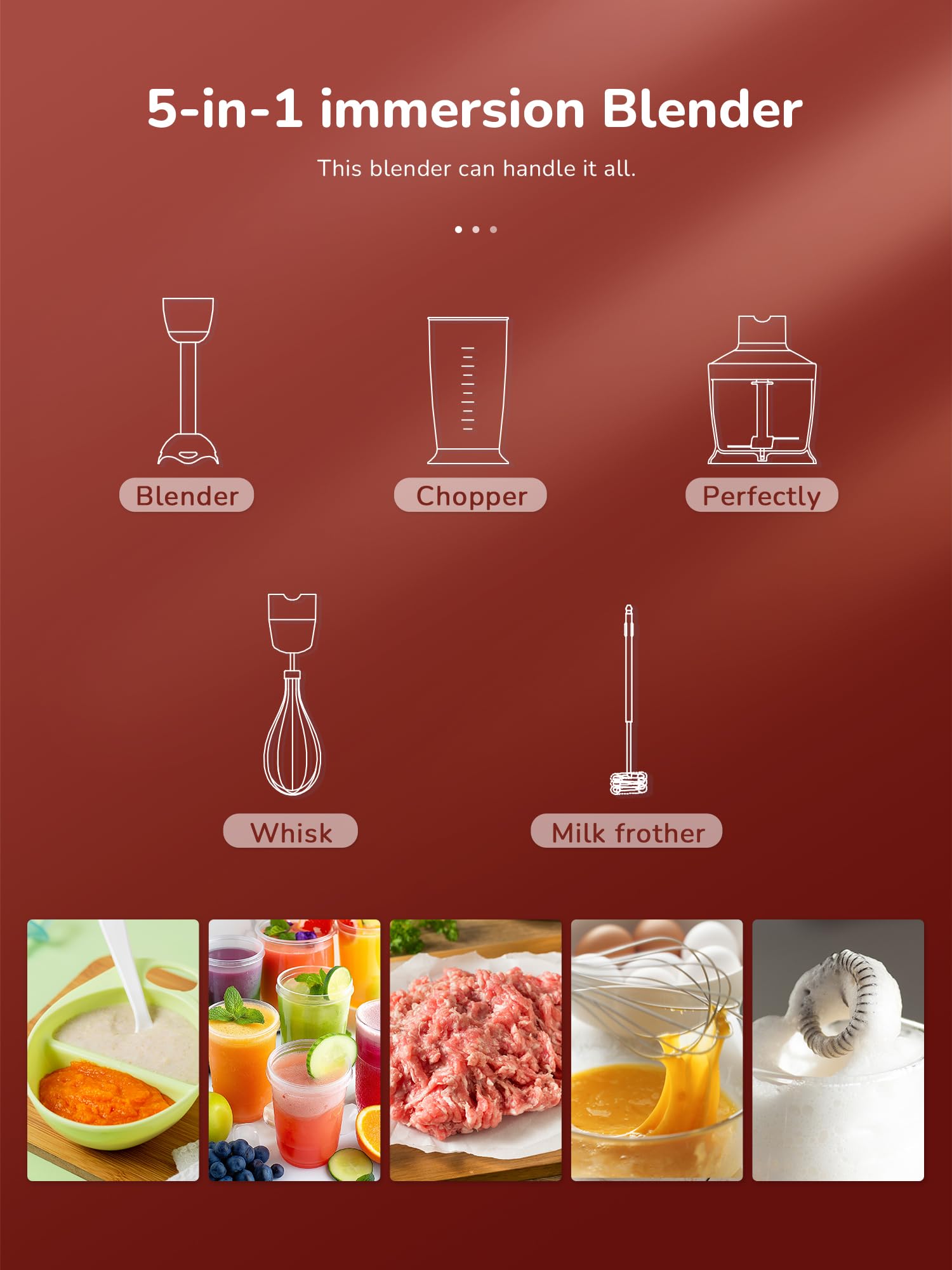 Frullatore ad immersione 5 in 1 in acciaio inox, 1000 W con 12 velocità e modalità turbo, include frusta, montalatte, tritatutto da 500 ml e misurino