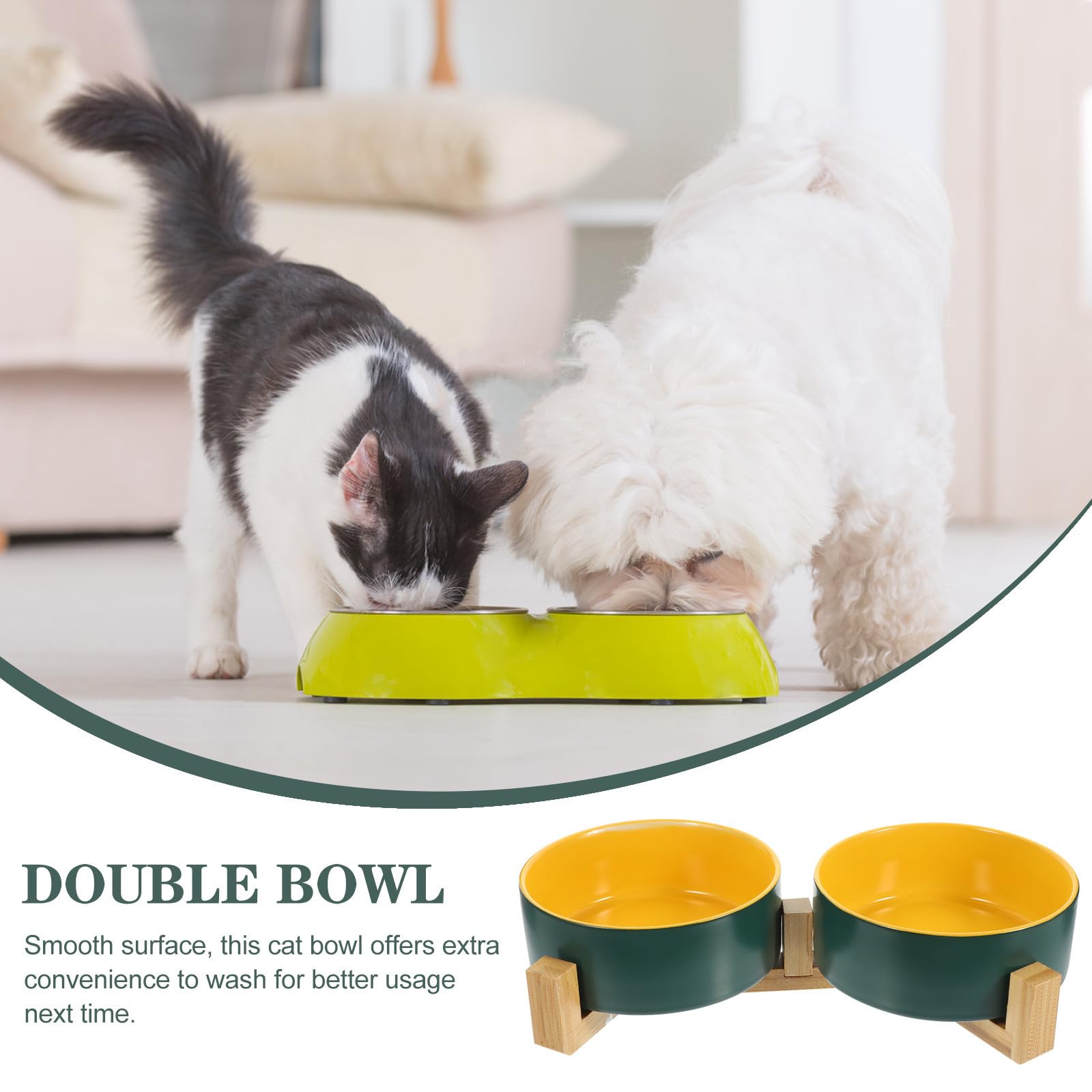 ibasenice Gamelle Surélevée pour Chat en Céramique Mate avec Support en Bois, Double Bol Pratique et Facile à Nettoyer pour Animaux Domestiques