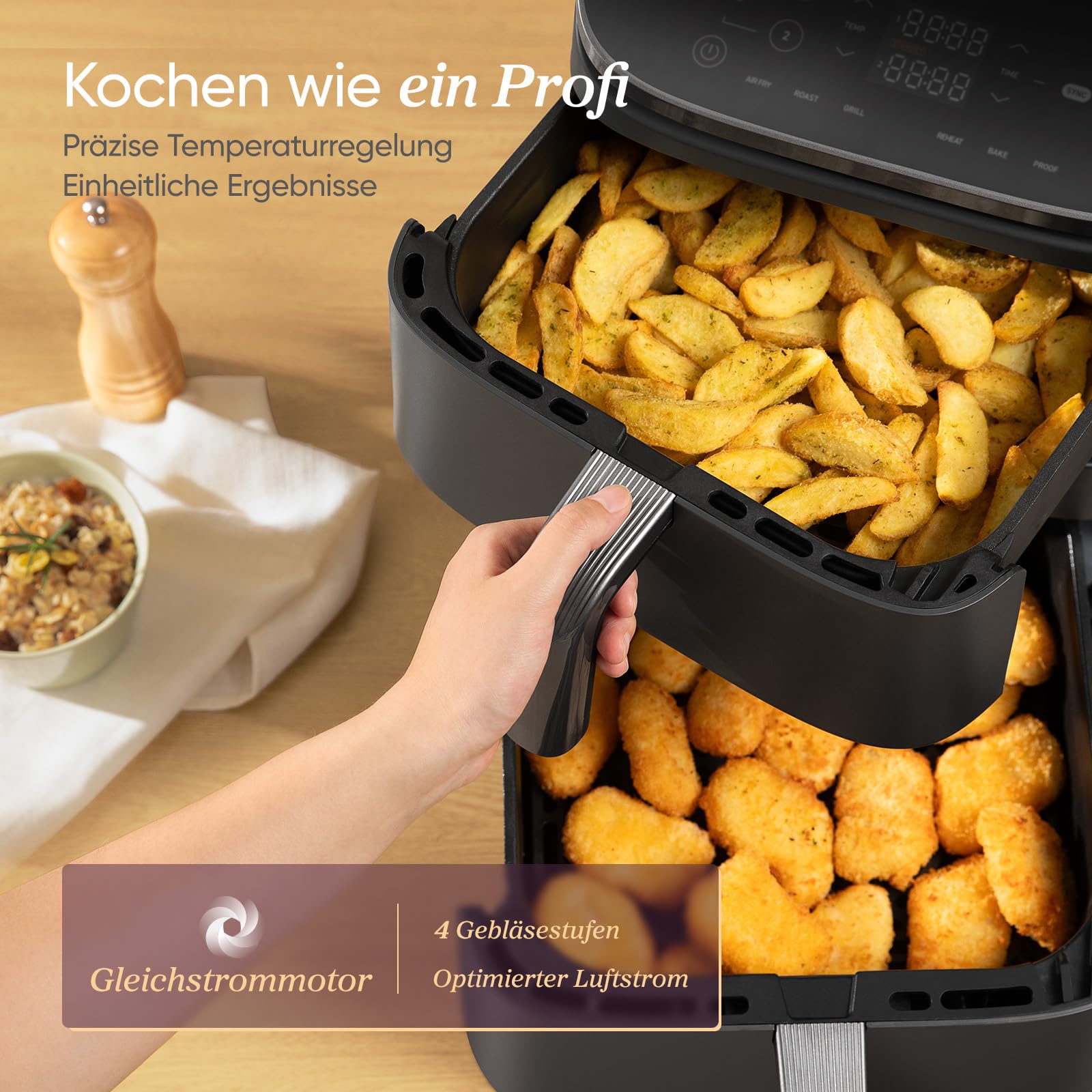 COSORI Heißluftfritteuse 2 Kammern 10,8 L Silbergrau mit Rezeptbuch und Edelstahl-Rost