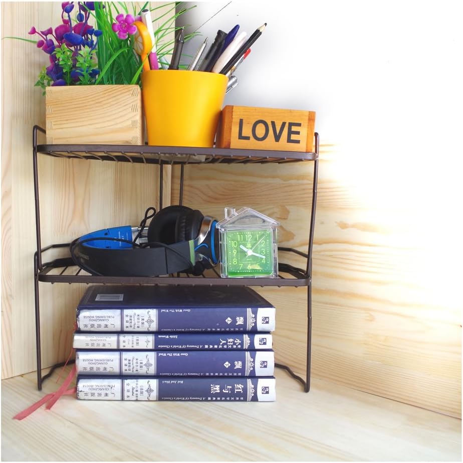 Desktop Corner Storage Shelf Stationery Rack Free Combination Shelf Metal Iron Mesh (2 Layer, Black)